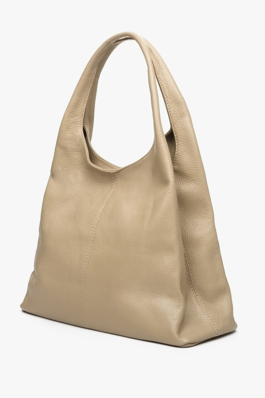 Torebka damska typu shopper na ramię z włoskiej skóry naturalnej Estro - profil i przednia część modelu w kolorze beżowym.