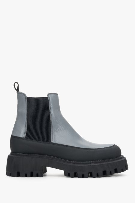 Damskie, niskie botki skórzane na jesień w kolorze szaro-czarnym marki Estro.