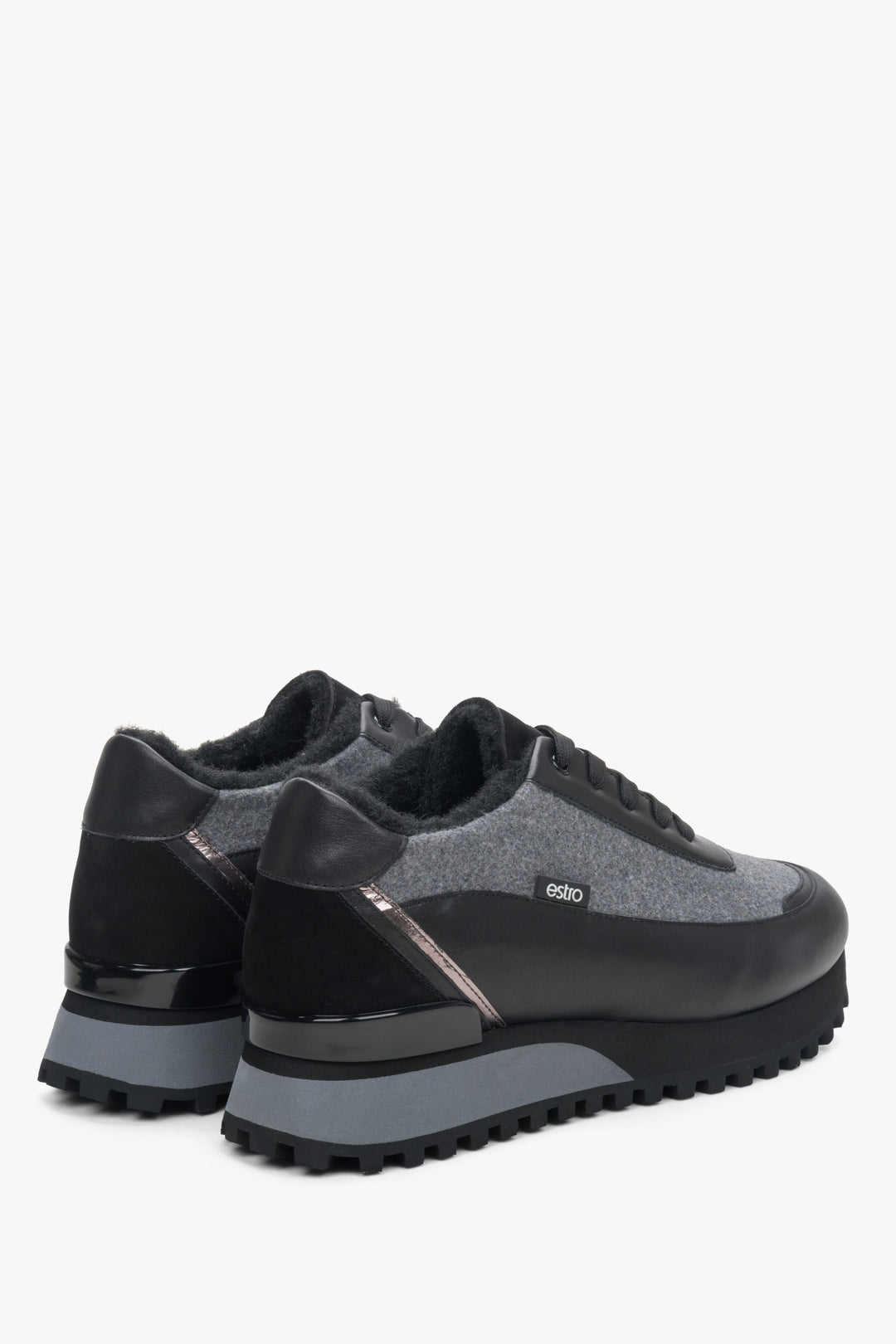 Czarno-szare skórzano-tekstylne zimowe sneakersy damskie Estro - zbliżenie na linię boczną i zapiętek.