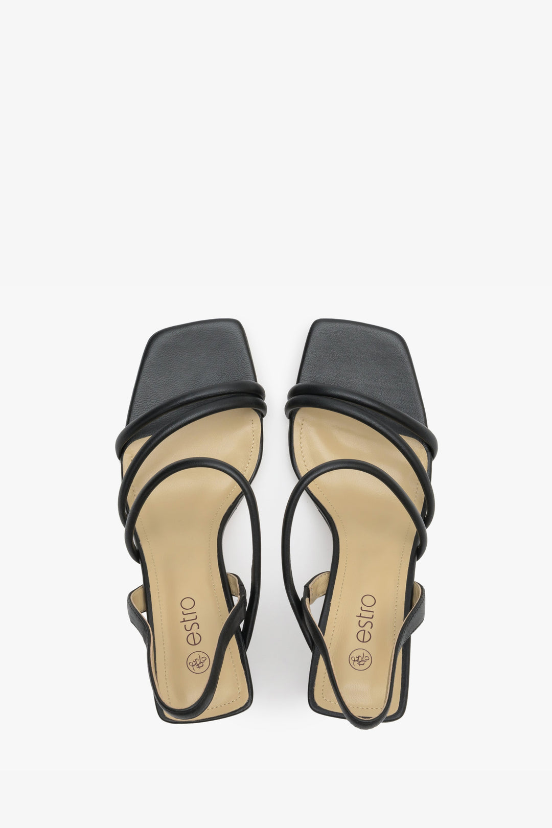 Stylowe, czarne buty damskie z cienkich pasków na słupkowym obcasie - prezentacja modelu z góry.