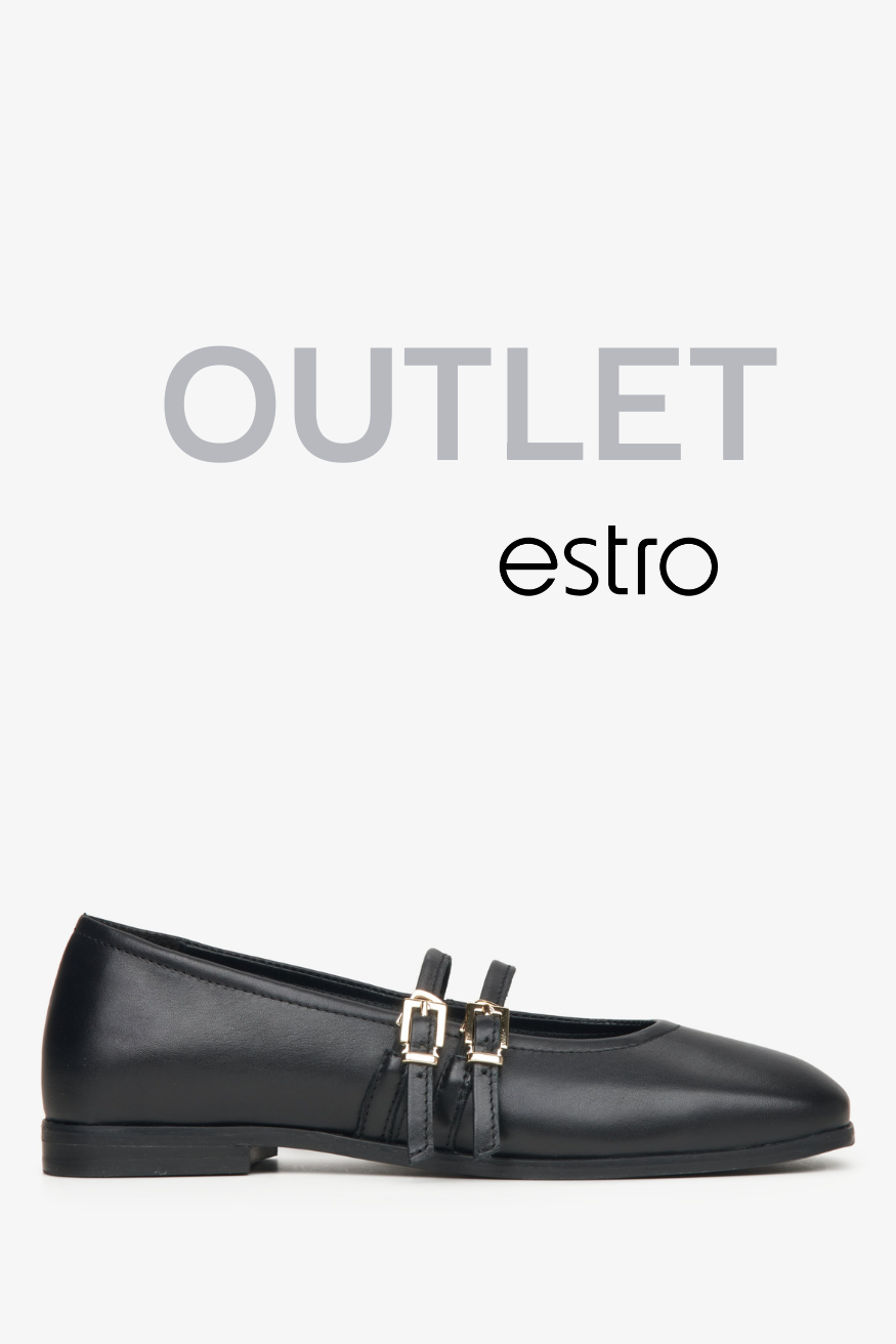 Czarne baleriny damskie ze sprzączką z włoskiej skóry naturalnej Premium Estro OUTLET