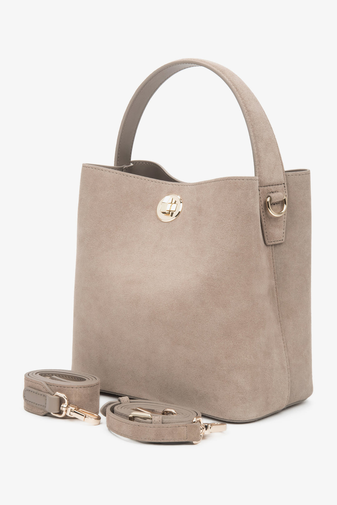 Torebka damska do ręki, beżowa, z weluru naturalnego, Estro.