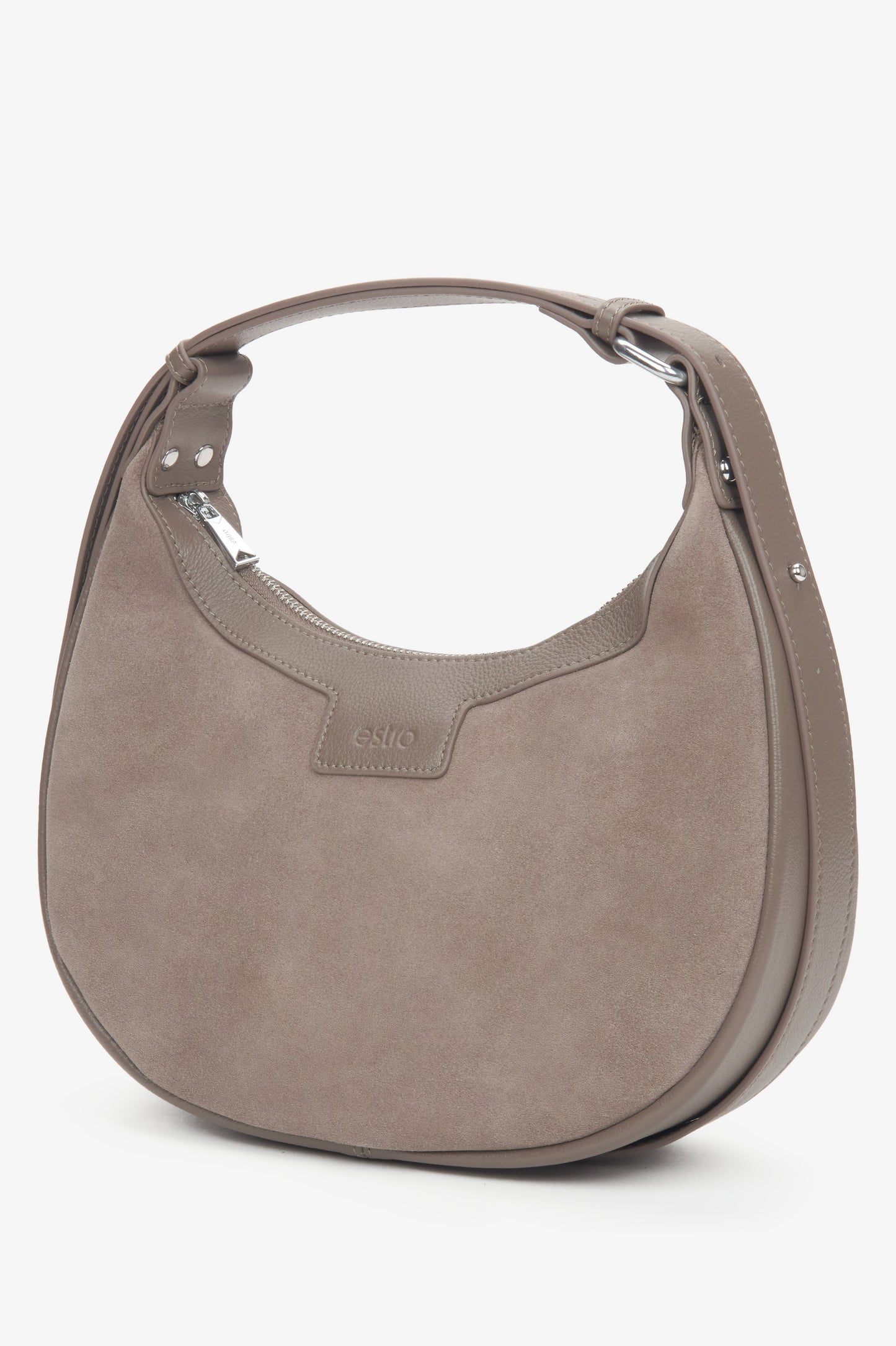 Damska beżowa torebka typu półksiężyc z weluru naturalnego Estro.