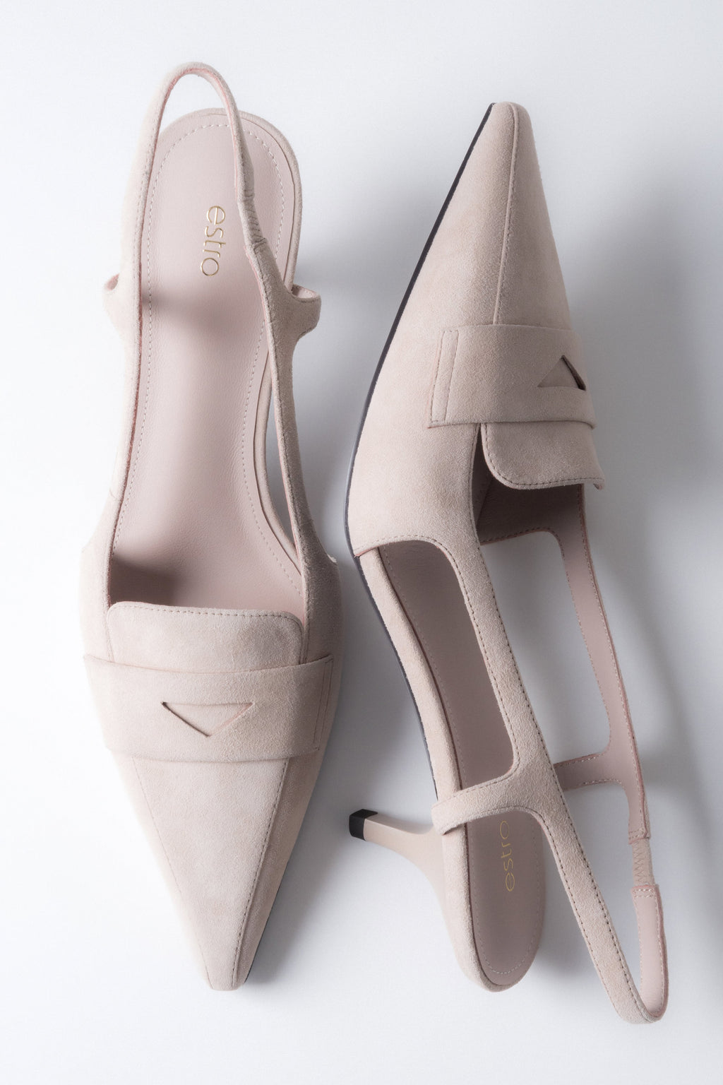 Czółenka damskie slingbacki, beżowe, z weluru naturalnego, na obcasie kitten heel, Estro.