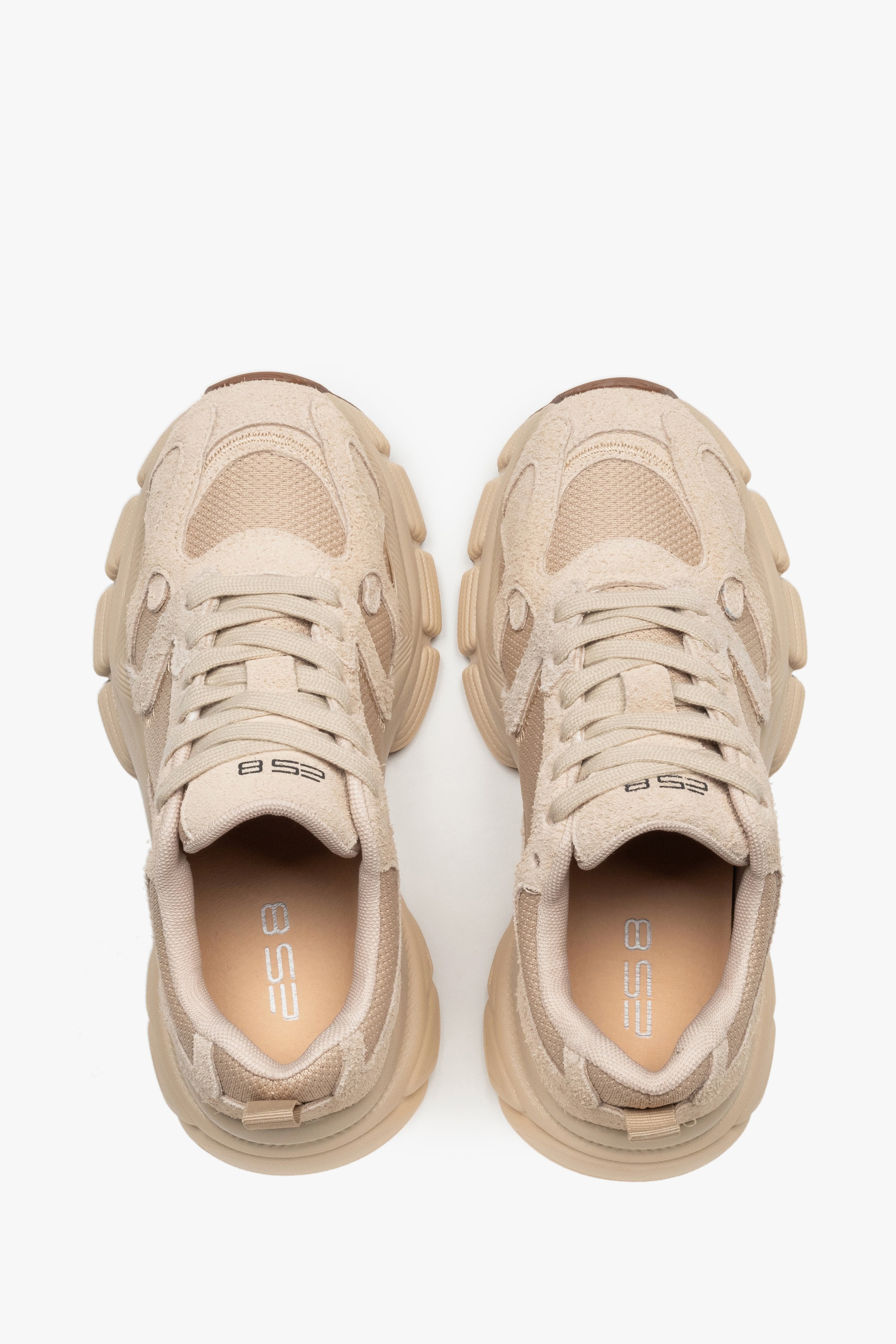Sneakersy damskie, beżowe, z weluru i przewiewnej siateczki, ES8.