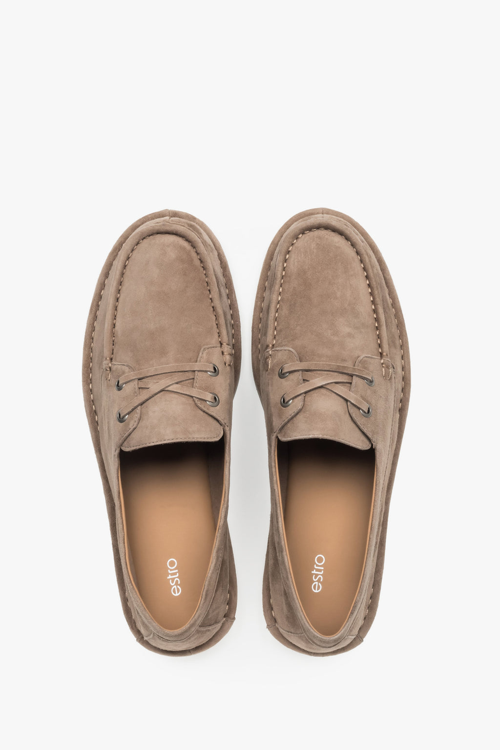 Loafersy damskie sznurowane, beżowe, z weluru, w stylu żeglarskim, Estro.