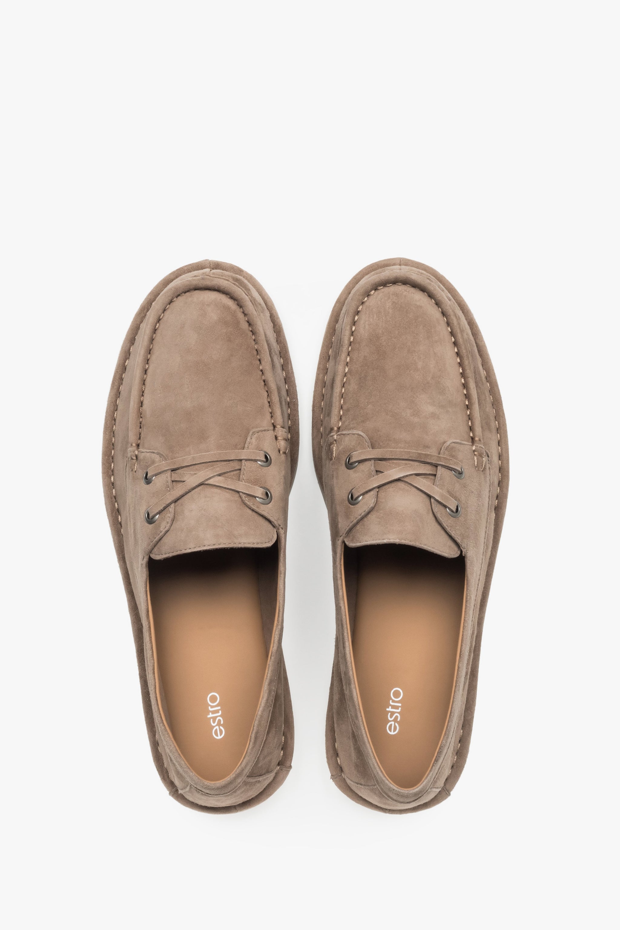 Loafersy damskie sznurowane, beżowe, z weluru, w stylu żeglarskim, Estro.