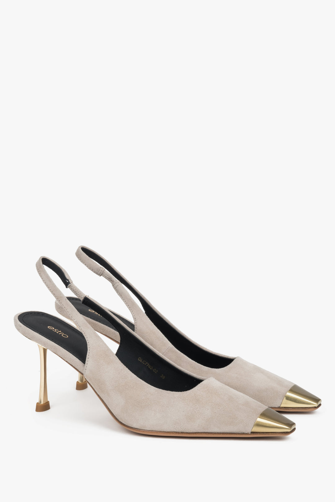 Damskie beżowe welurowe czółenka typu slingback na szpilce ze złotymi detalami Estro.