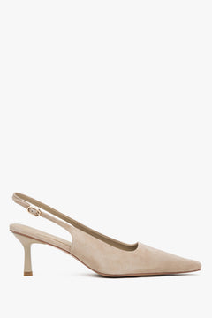 Beżowe welurowe czółenka damskie typu slingback na niskim obcasie Estro ER00117228.