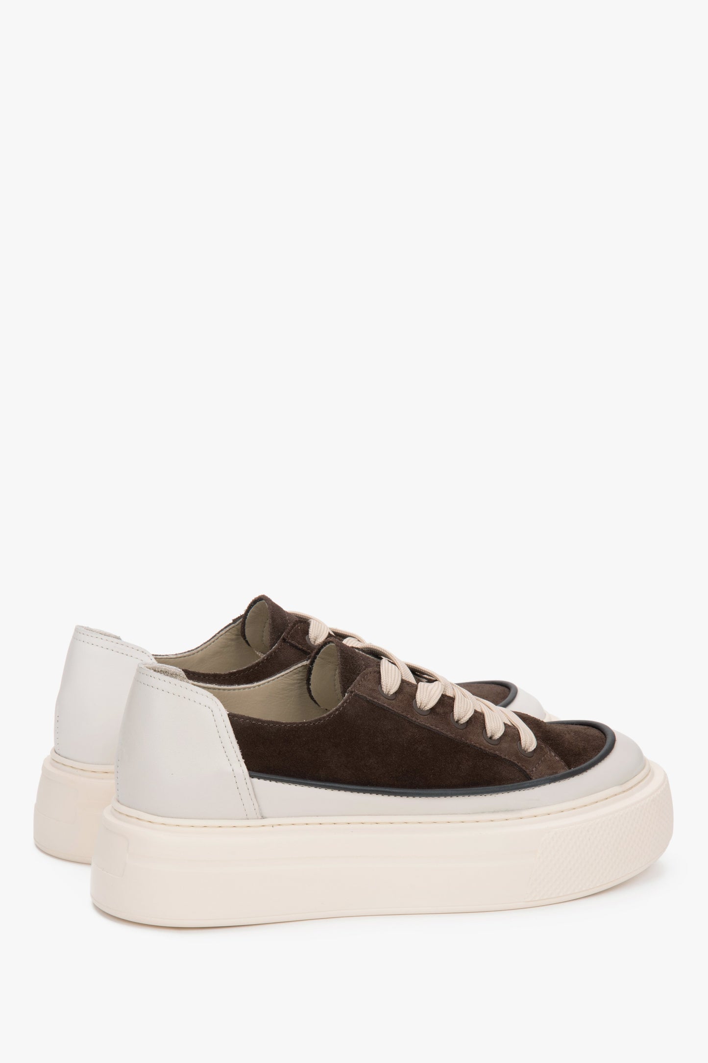 Beżowo-brązowe trampki damskie Estro, na platformie, z włoskiej skóry naturalnej i weluru Premium.