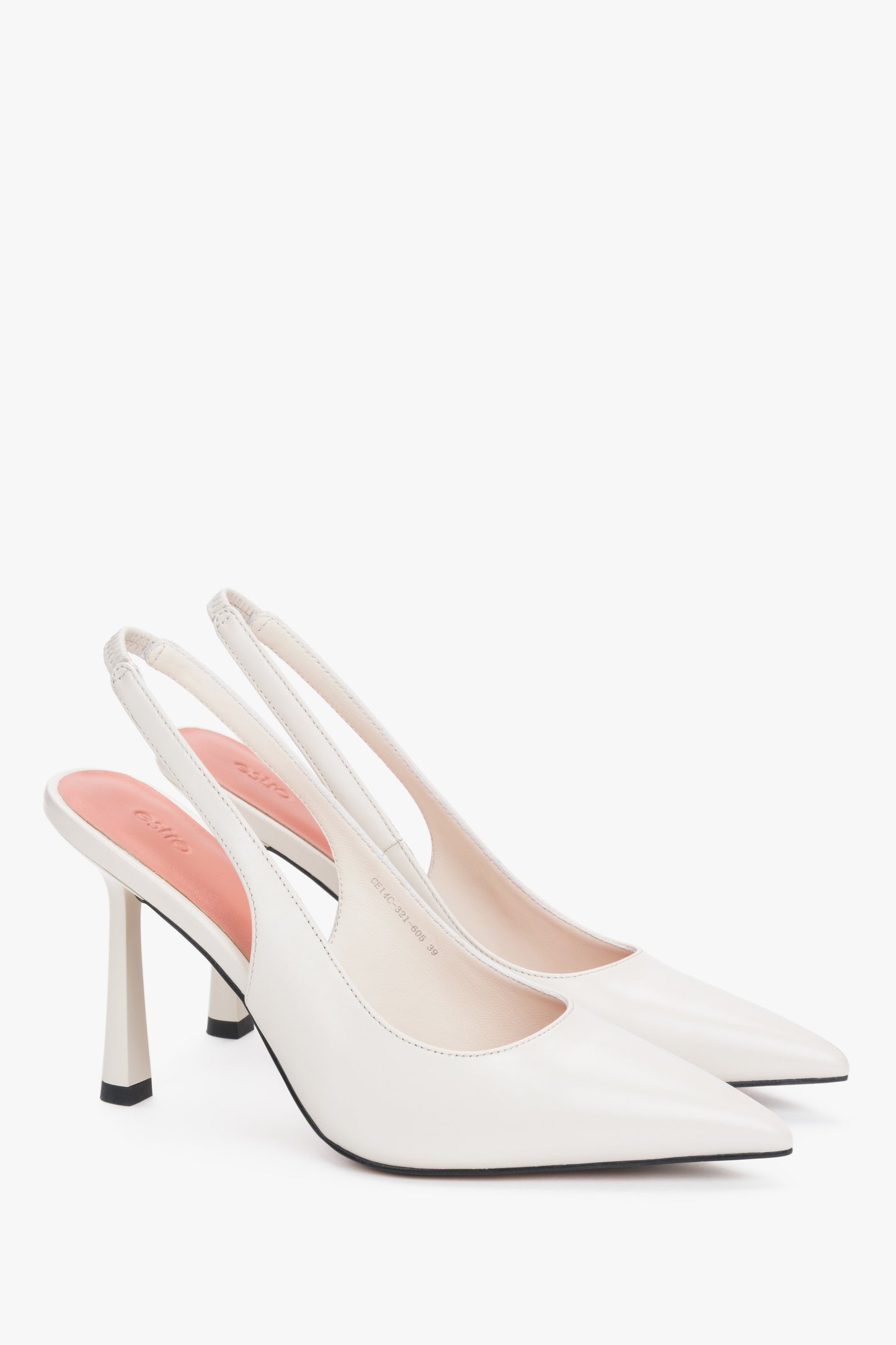 Białe czółenka damskie na wysokim obcasie ze skóry naturalnej.