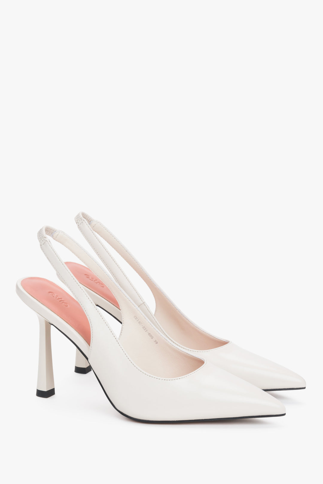 Białe czółenka damskie na wysokim obcasie ze skóry naturalnej.