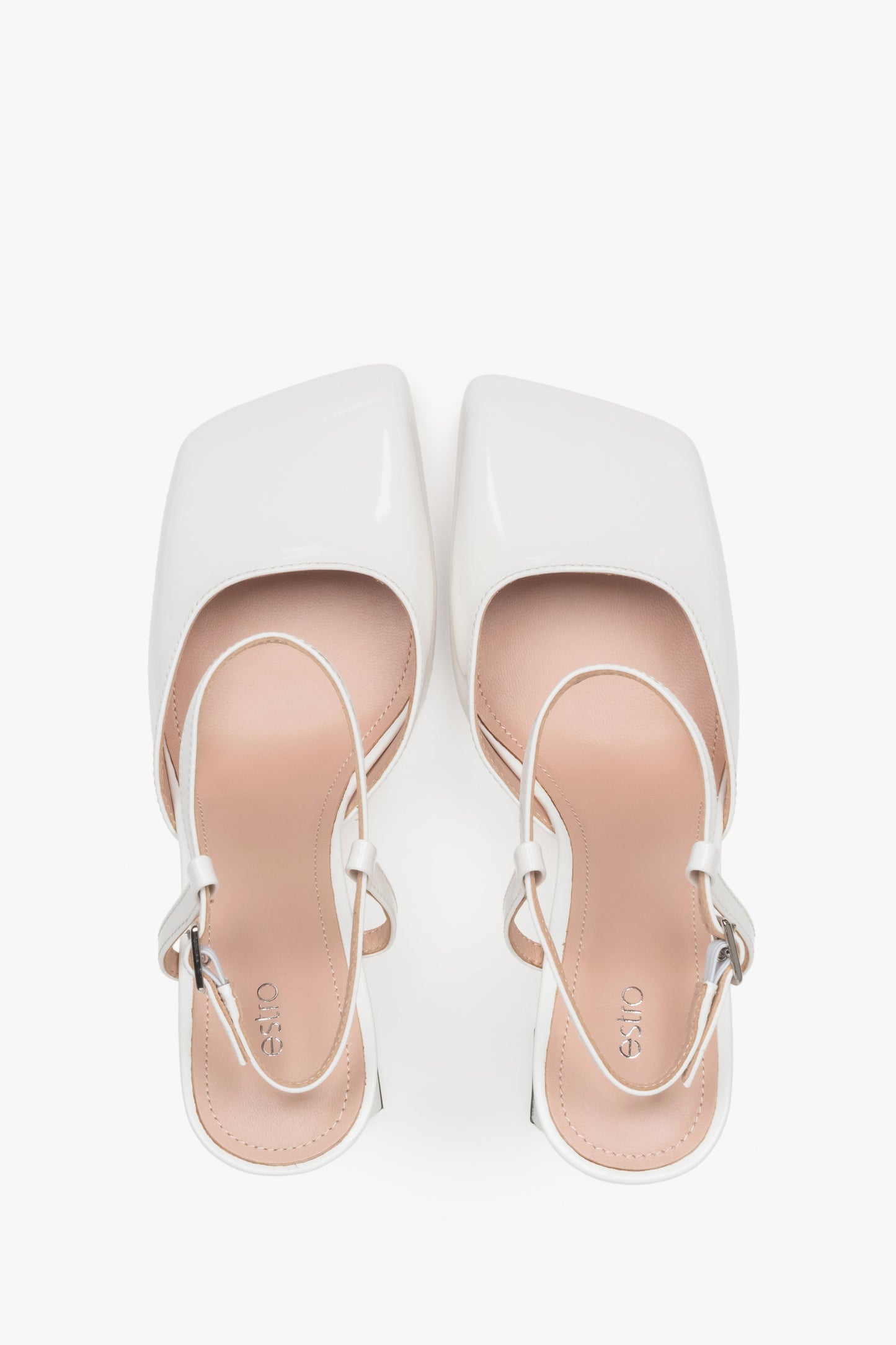 Sandałki damskie na słupku Estro, białe, z lakierowanej skóry naturalnej.