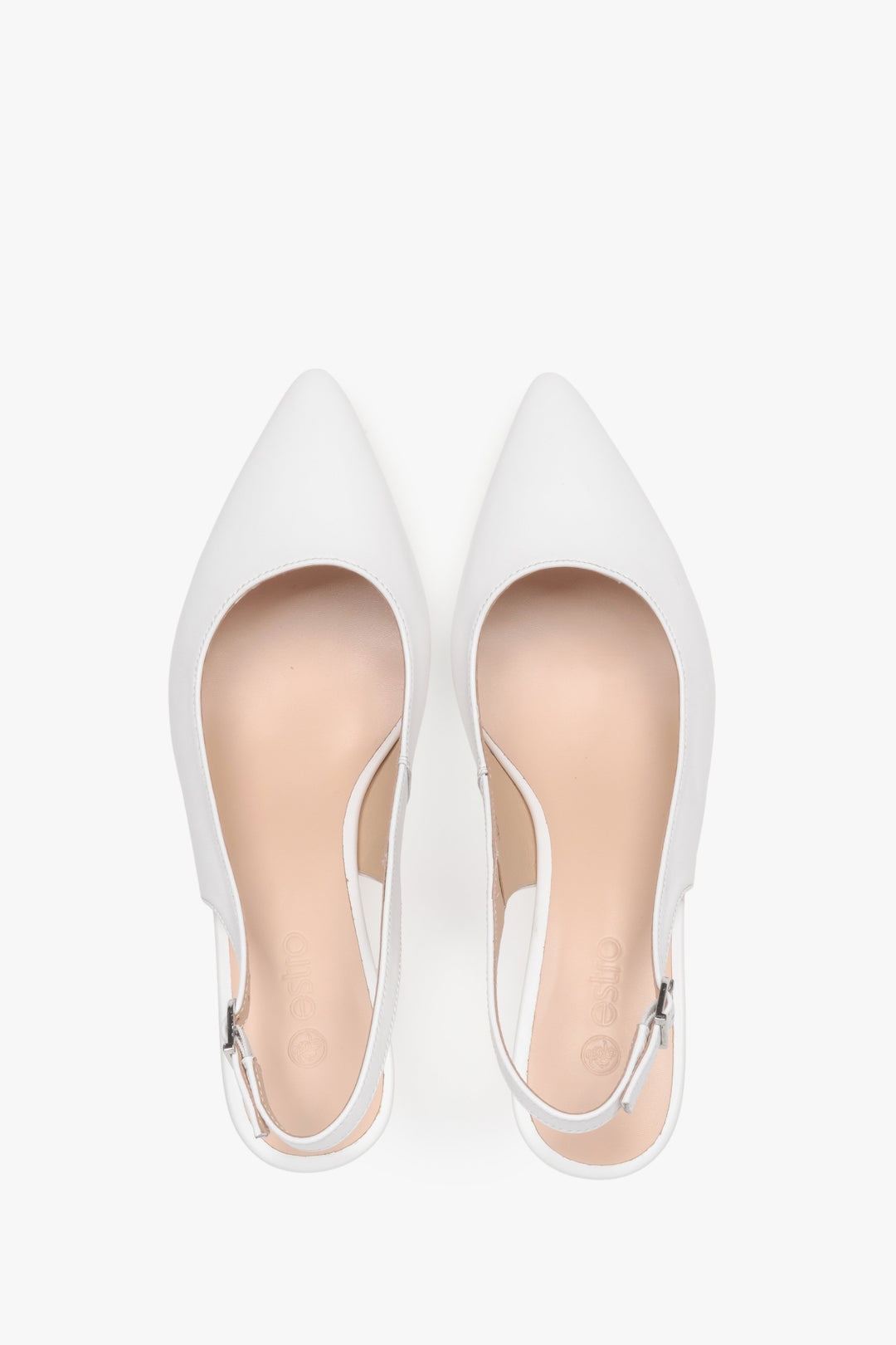 Czółenka damskie, białe, skórzane, z odkrytą piętą, na niskim obcasie kielichowym, Estro.