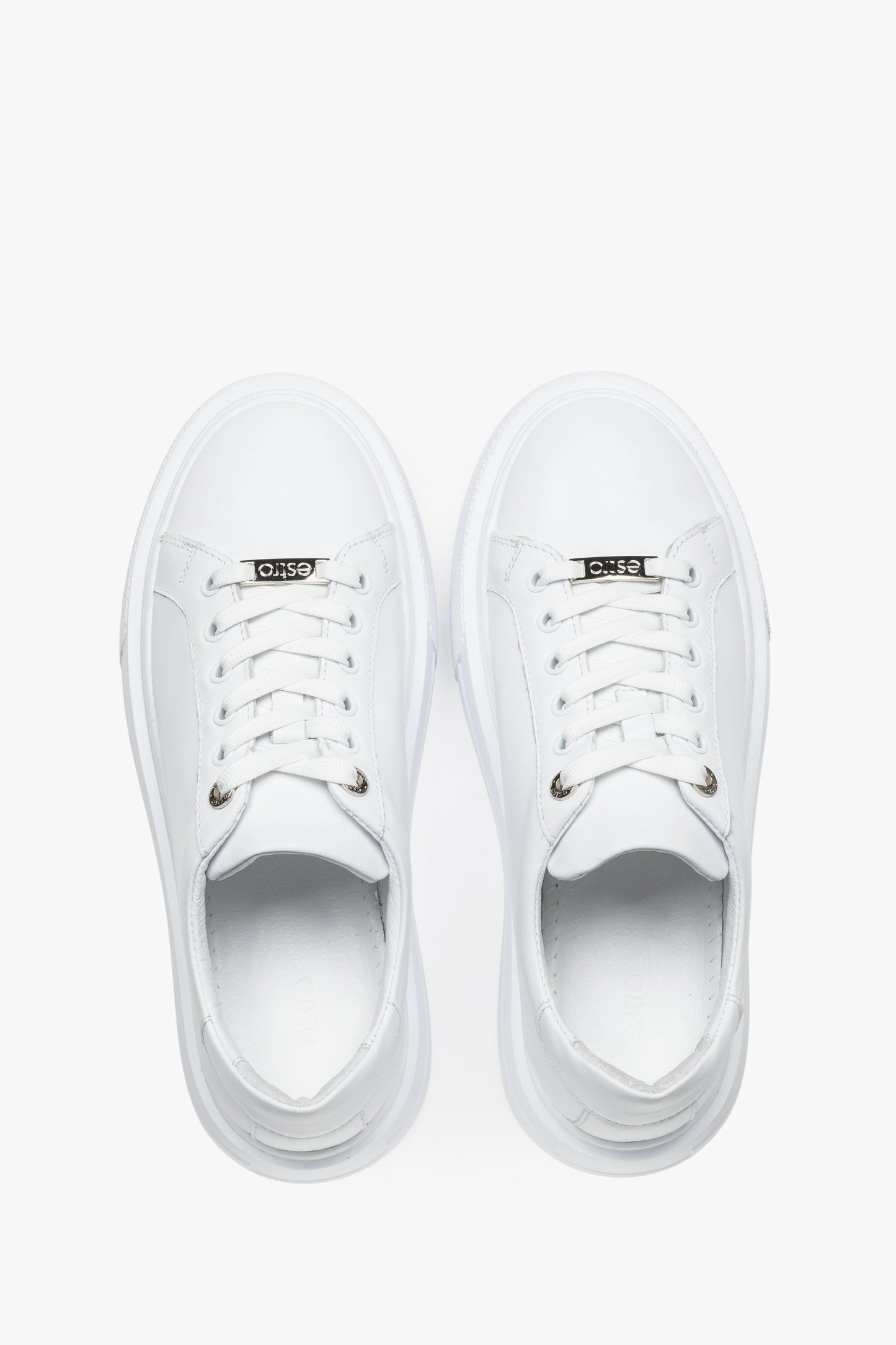 Trampki damskie na grubej podeszwie, białe, z włoskiej skóry naturalnej Premium, Estro.