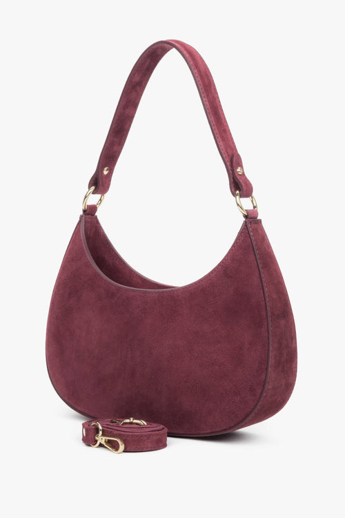 Bordowa torebka damska typu shoulder bag z włoskiego weluru naturalnego Premium - pasek na ramię w zestawie.