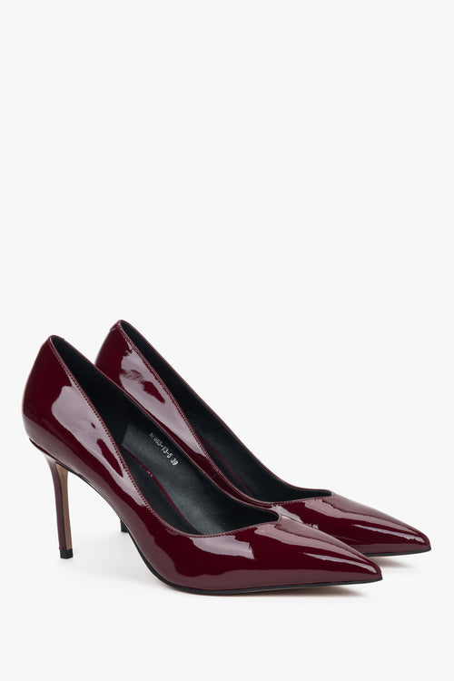 Damskie bordowe buty na wysokim obcasie z lakierowanej skóry naturalnej Estro.