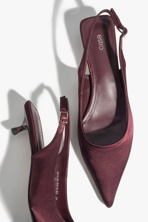 Bordowe czółenka damskie z odkrytą pietą typu slingback na niskim obcasie Estro ER00117209.