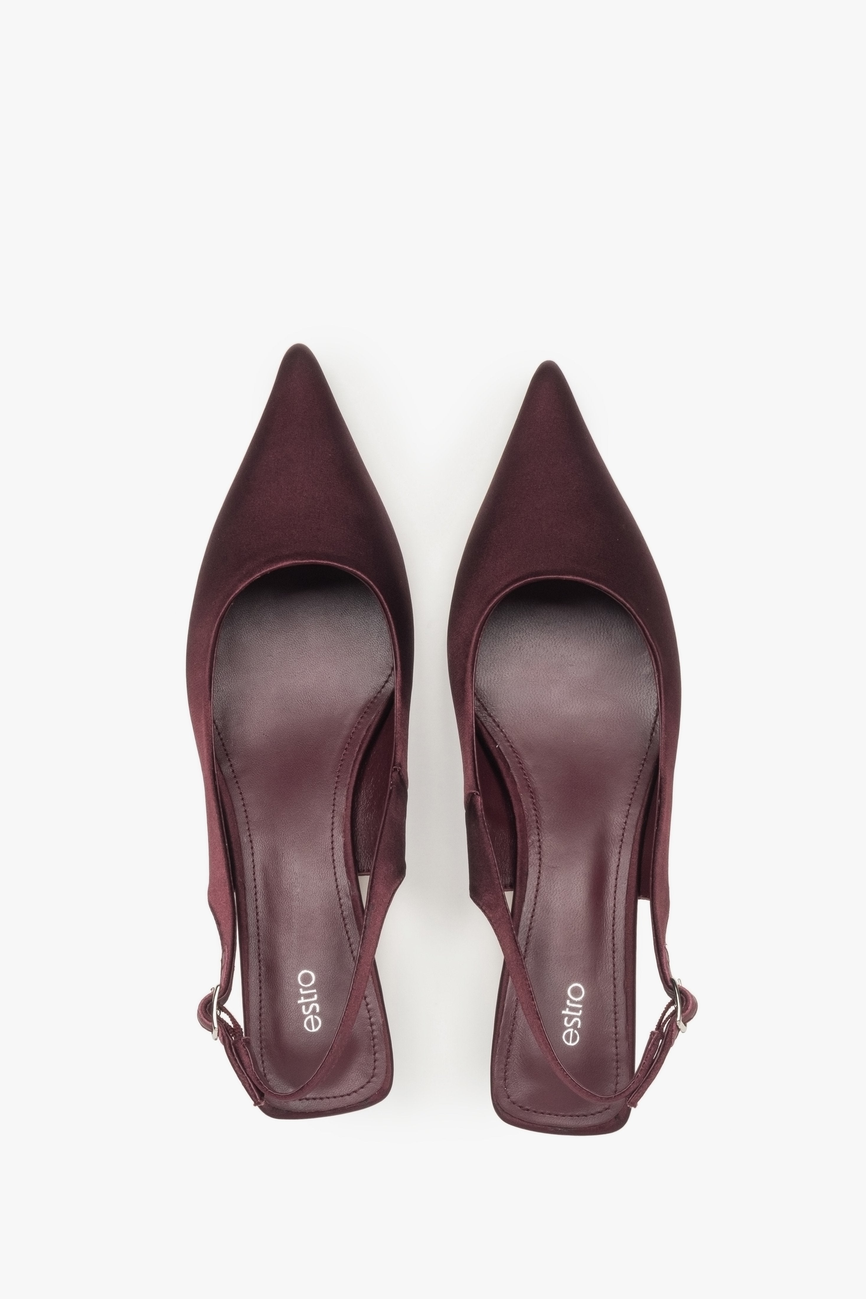 Czółenka damskie z odkrytą piętą typu slingback, bordowe, na niskim obcasie, Estro.