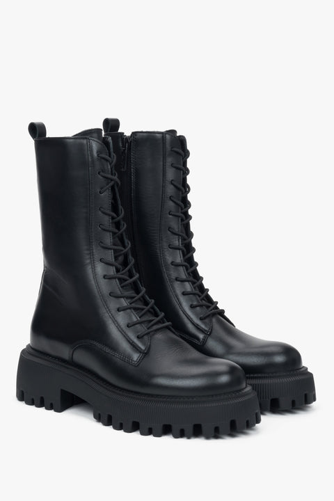 Estro ER00115925 - czarne, podwyższane botki damskie z włoskiej skóry naturalnej Premium.