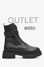 Czarne botki damskie na zimę z włoskiej skóry naturalnej z ozdobnym pasem Estro OUTLET.