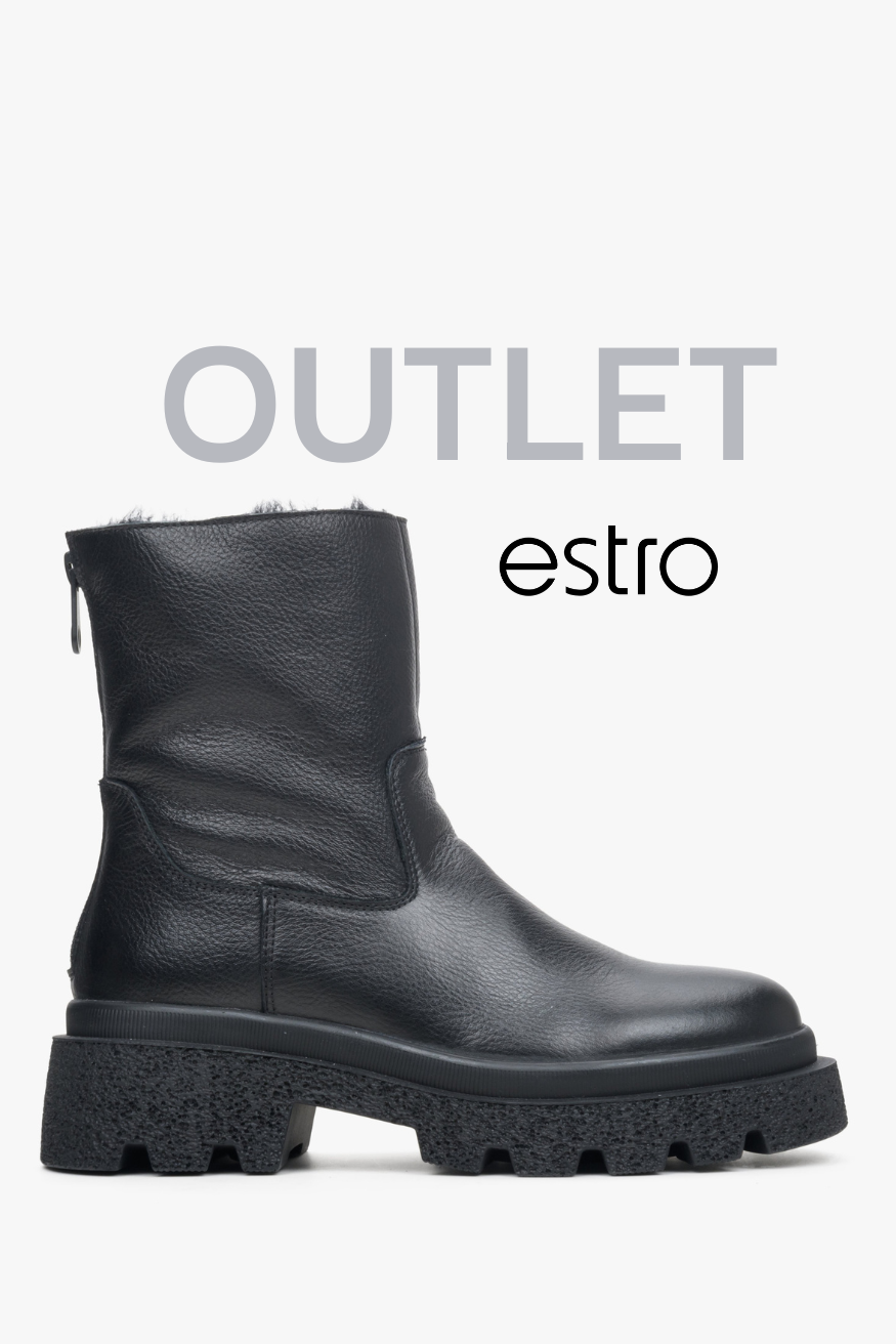 Czarne botki damskie na zimę ze skóry naturalnej Estro OUTLET.