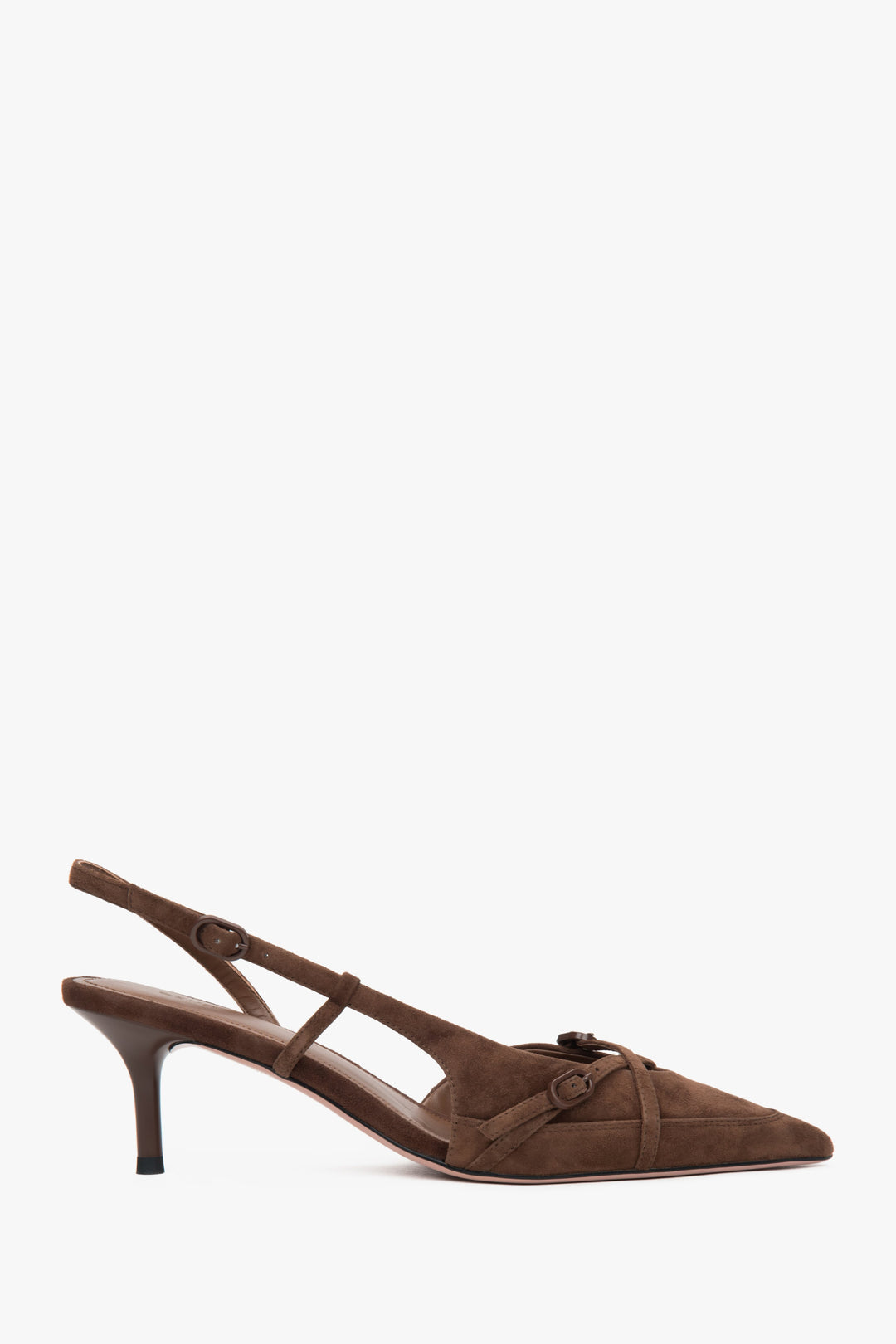 Brązowe welurowe czółenka typu slingback na niskim obcasie Estro ER00117175.