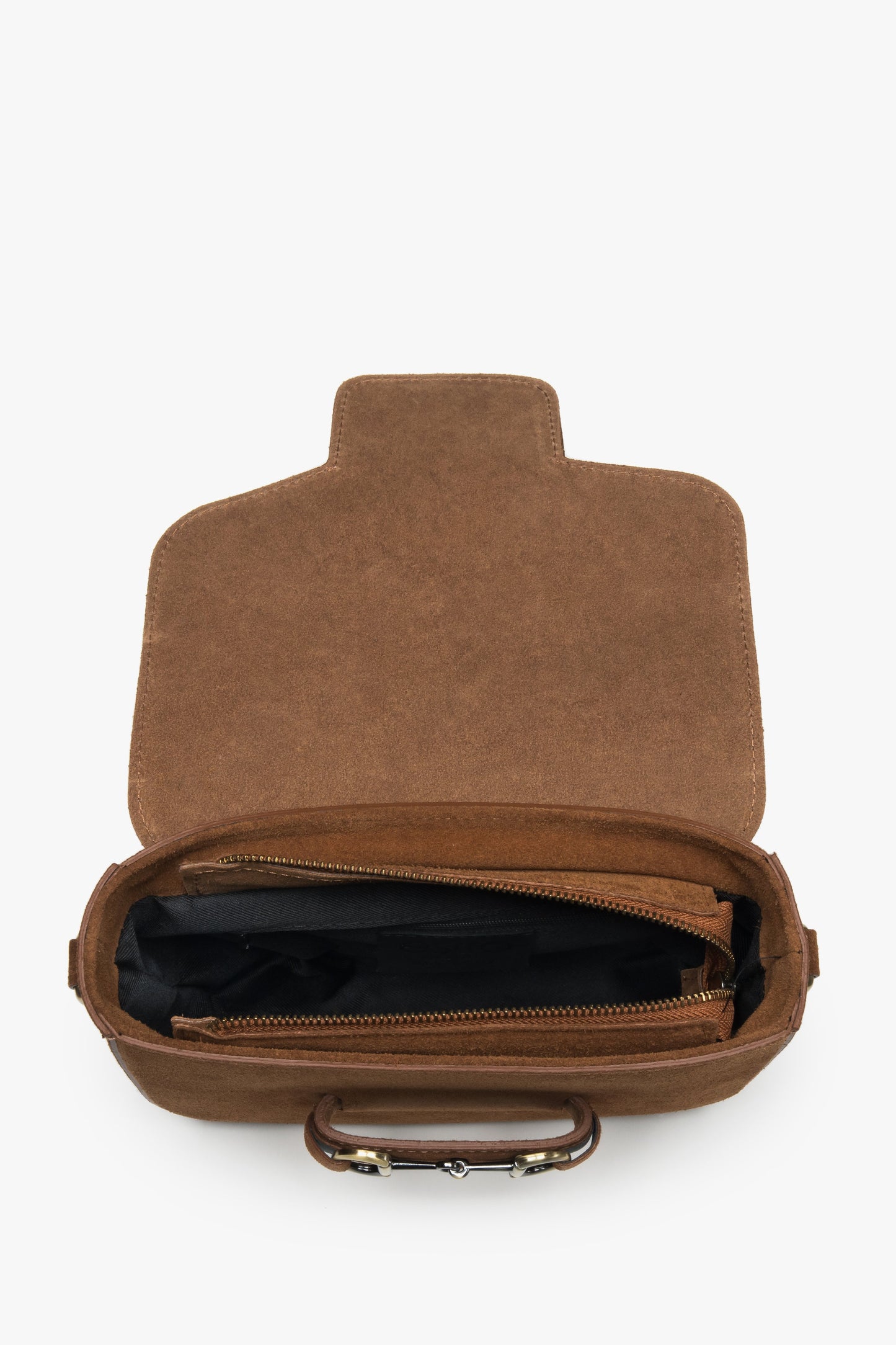 Damska brązowa torebka na ramię typu podkowa z włoskiego weluru naturalnego Premium Estro.