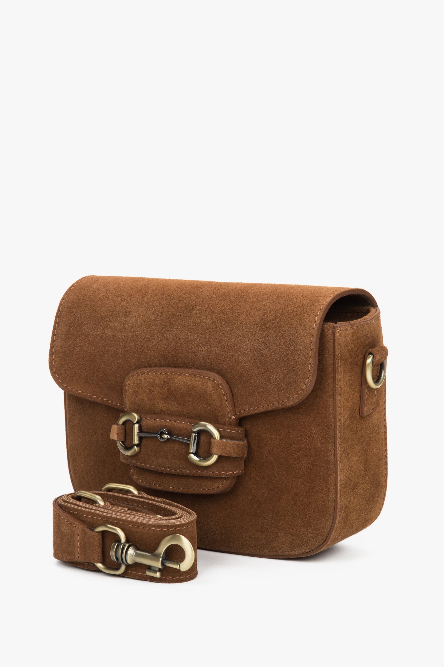 Torebka damska na ramię typu podkowa, brązowa, z włoskiego weluru naturalnego Premium, Estro.