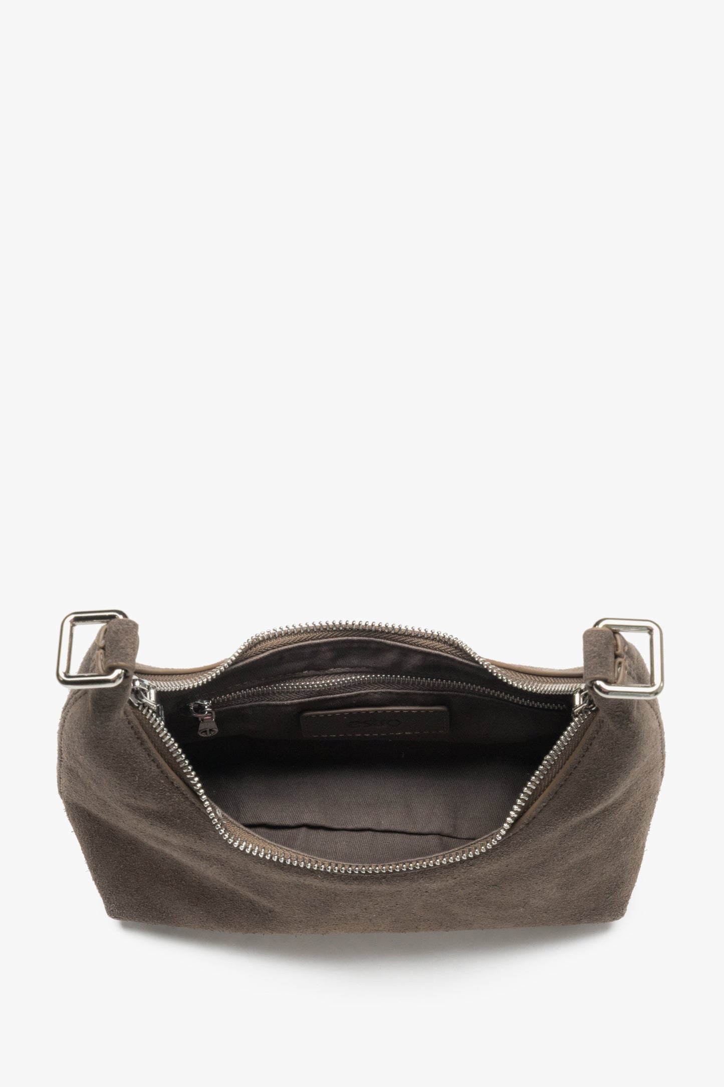 Torebka damska na ramię typu półksiężyc, brązowa, z naturalnego weluru, Estro