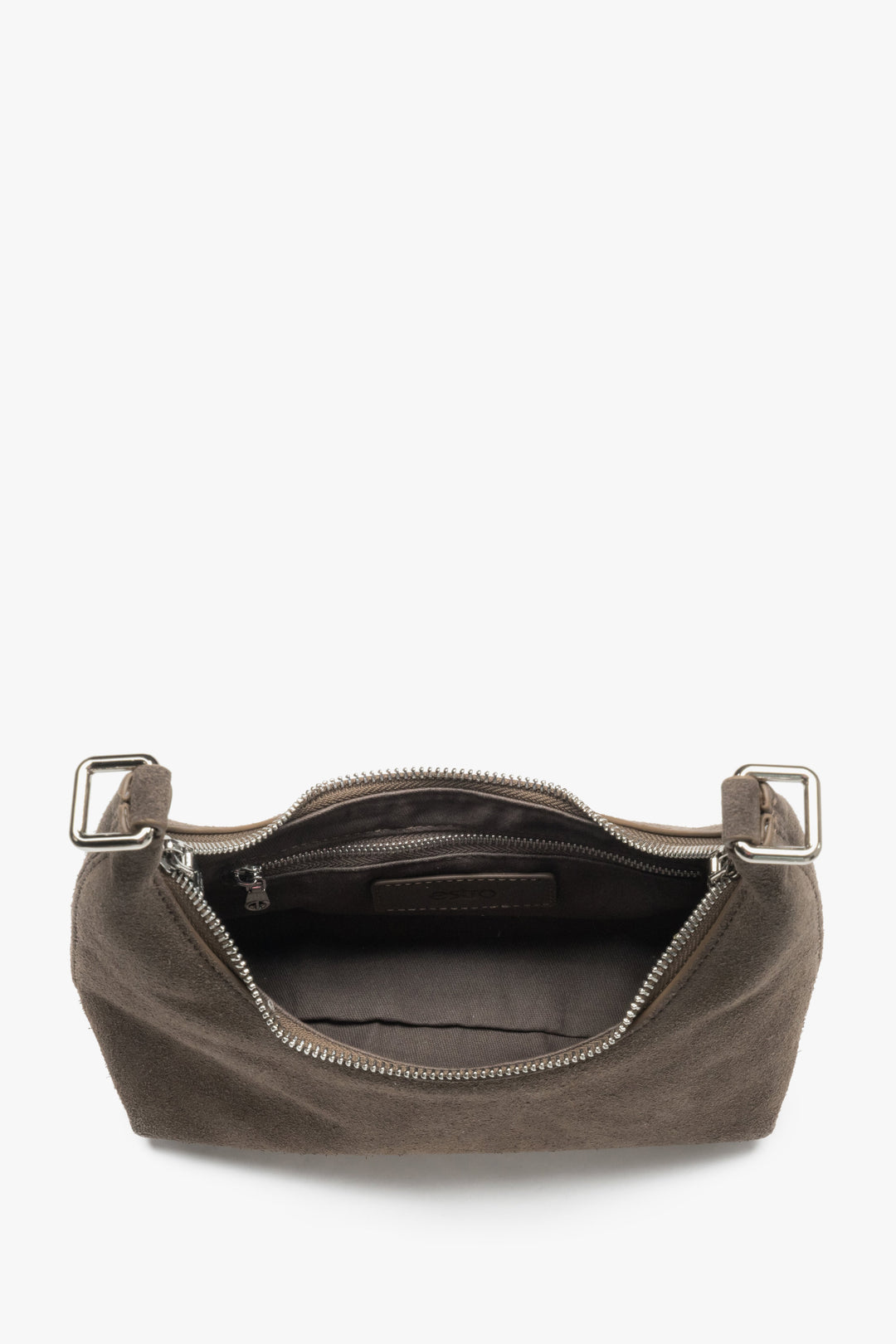 Torebka damska na ramię typu półksiężyc, brązowa, z naturalnego weluru, Estro