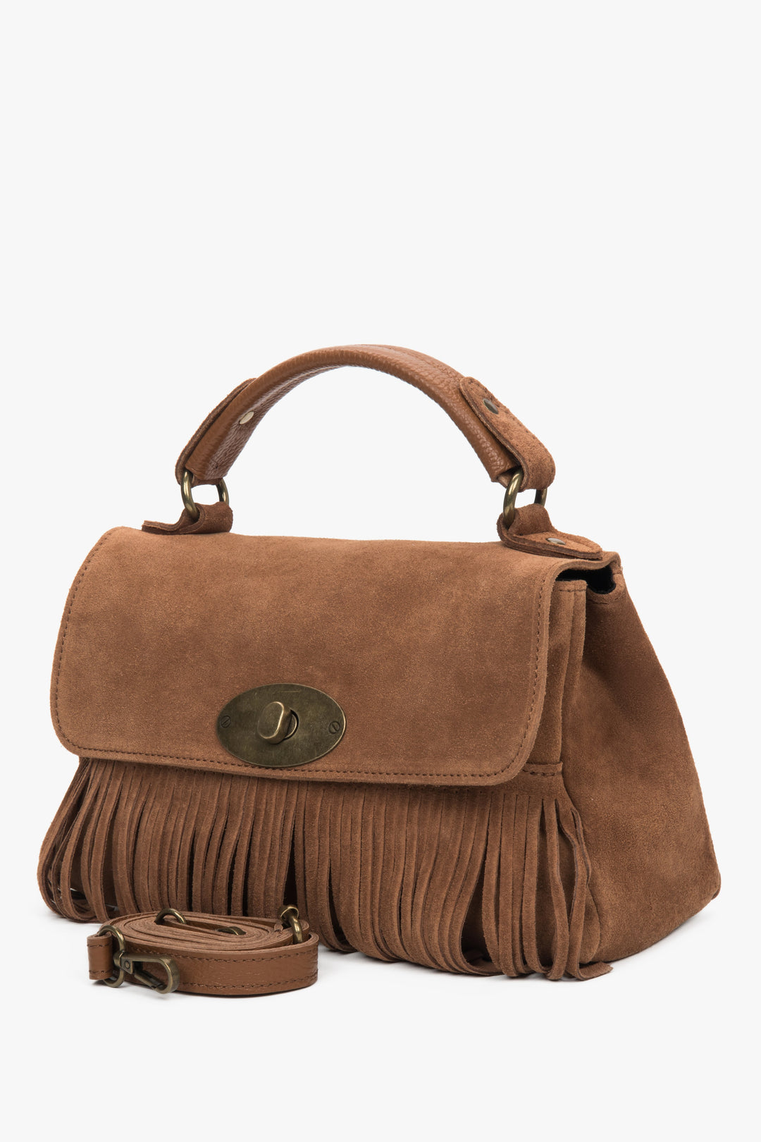 Mała torebka damska z weluru naturalnego w kolorze ciepłego brązu.