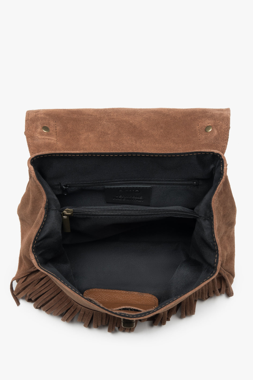 Luksusowa, mała torebka Estro uszyta ze szlachetnego, naturalnego weluru prosto z Włoch, kolor brązowy.