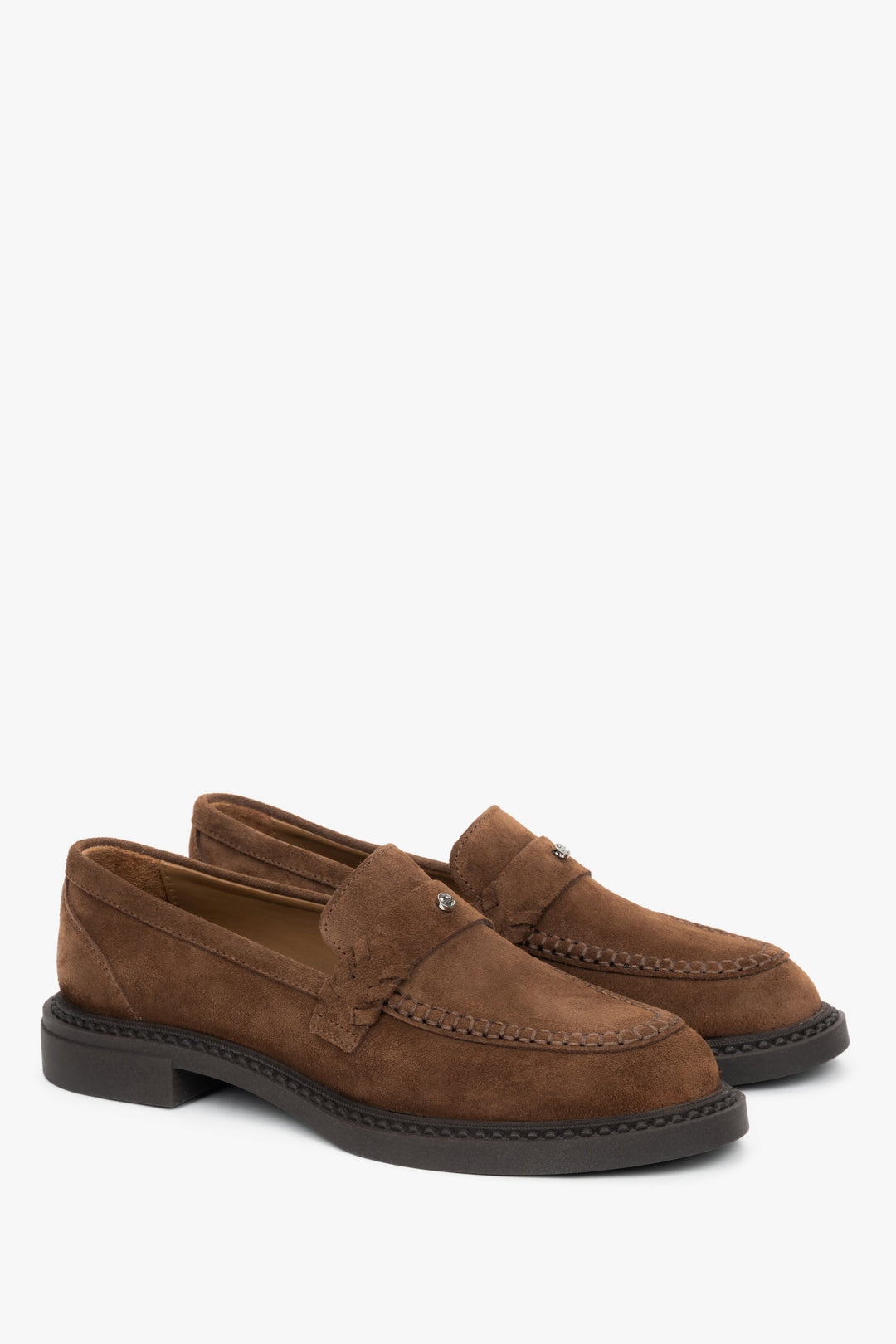 Brązowe loafersy damskie typu Penny z włoskiego weluru naturalnego Premium Estro ER00119030.