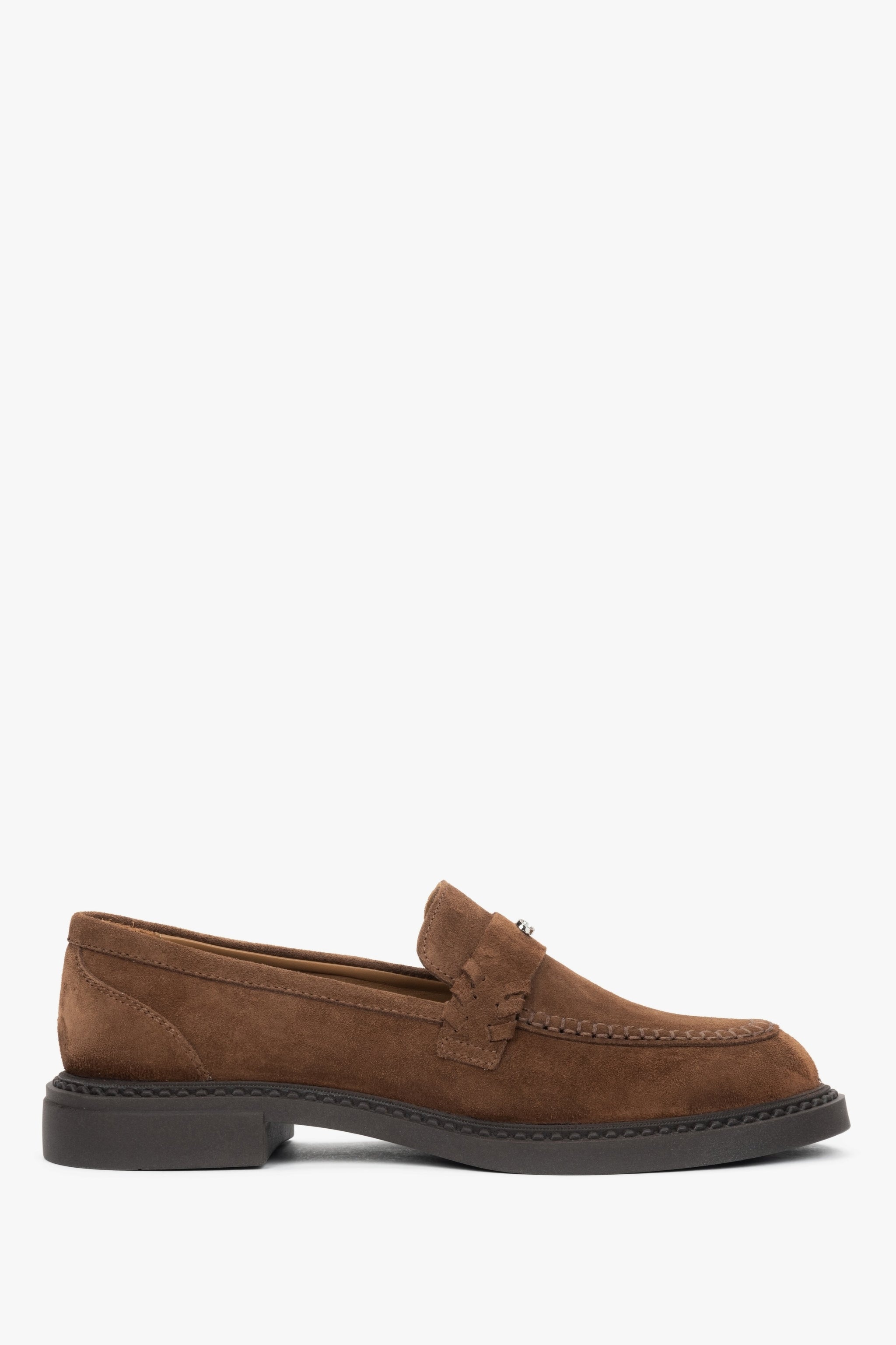 Brązowe loafersy damskie typu Penny z włoskiego weluru naturalnego Premium.