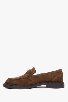 Damskie brązowe loafersy typu Penny z włoskiego weluru naturalnego Premium Estro.