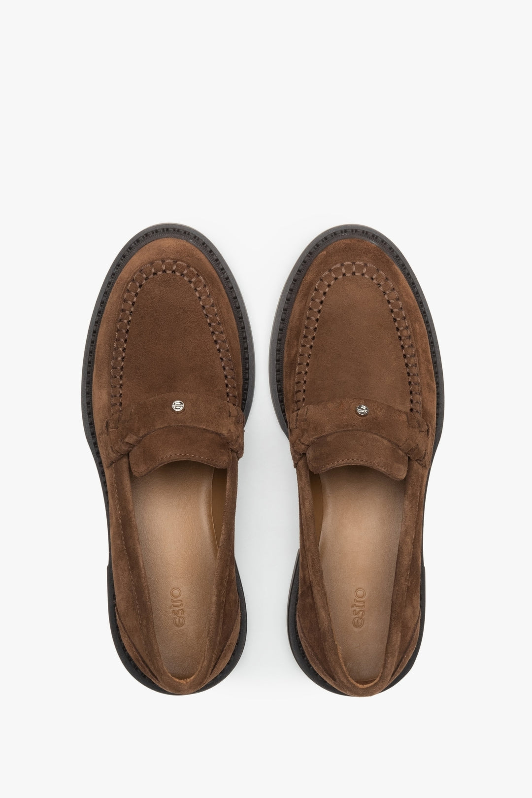 Loafersy damskie Estro, brązowe, typu Penny, z włoskiego weluru naturalnego Premium.
