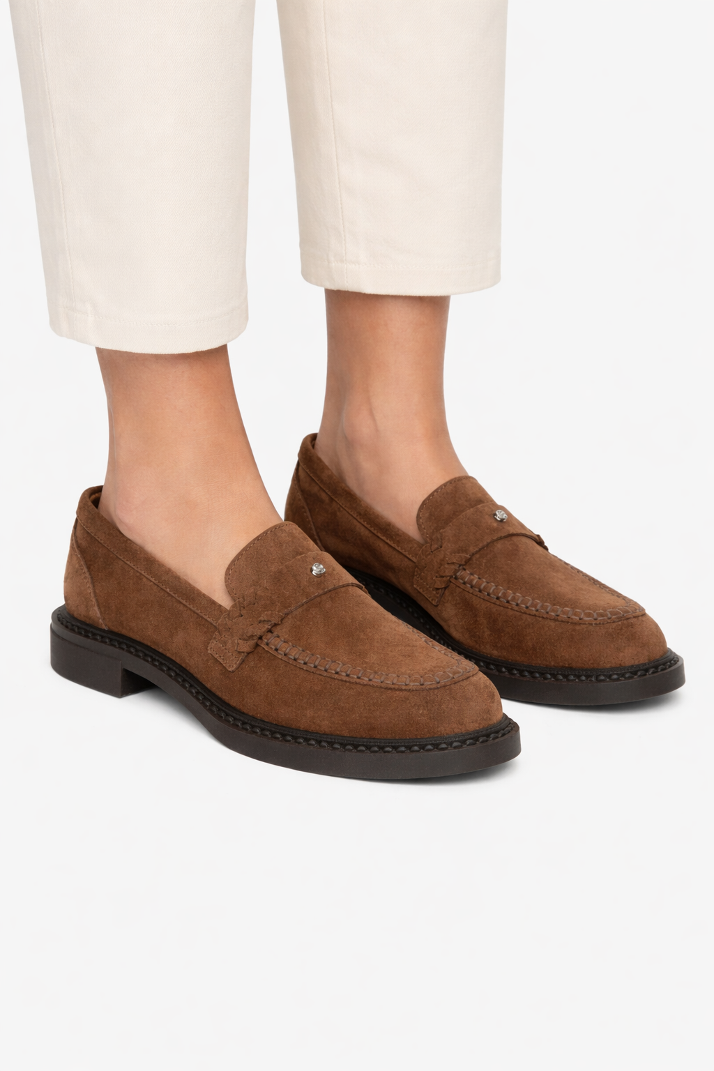 Brązowe loafersy damskie typu Penny z włoskiego weluru naturalnego Premium Estro ER00119030.