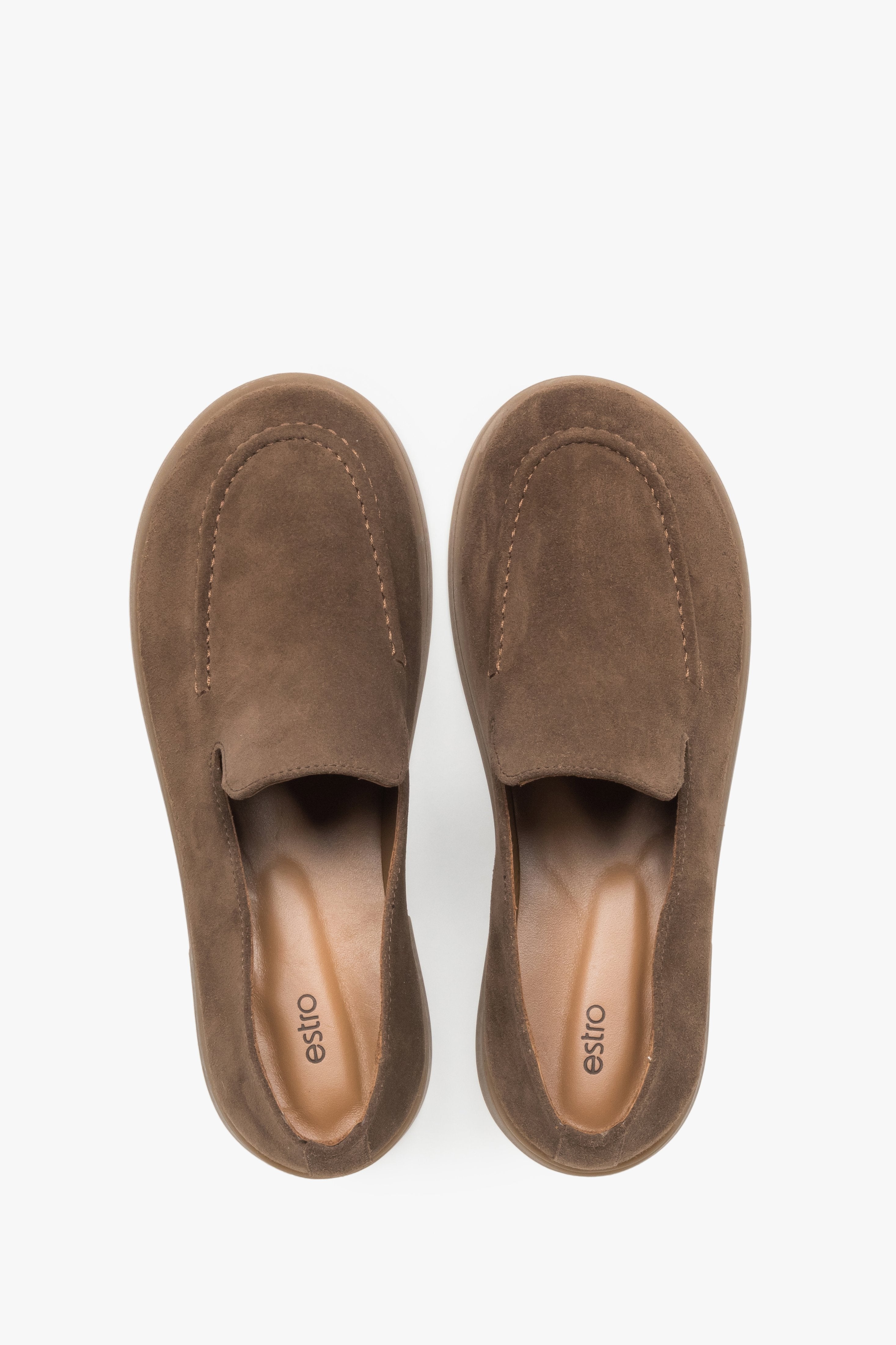 Brązowe mokasyny damskie typu barefoot z włoskiego weluru naturalnego Premium Estro ER00119353.