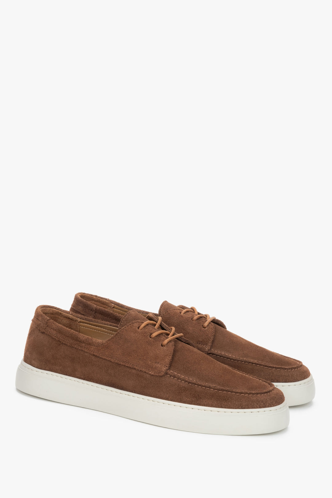 Brązowe, sznurowane mokasyny męskie z włoskiego weluru naturalnego Premium.