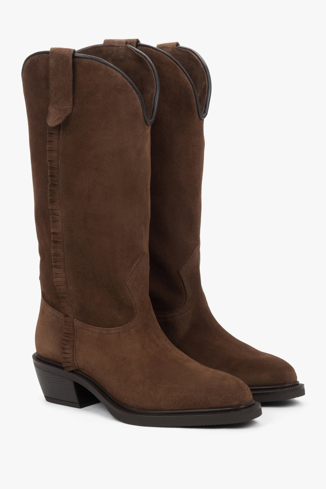Brązowe, wysokie kowbojki damskie z włoskiego weluru naturalnego Premium.