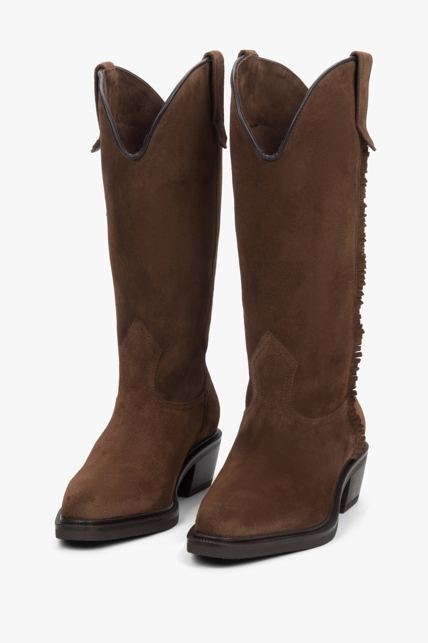 Damskie brązowe wysokie kowbojki z włoskiego weluru naturalnego Premium Estro.