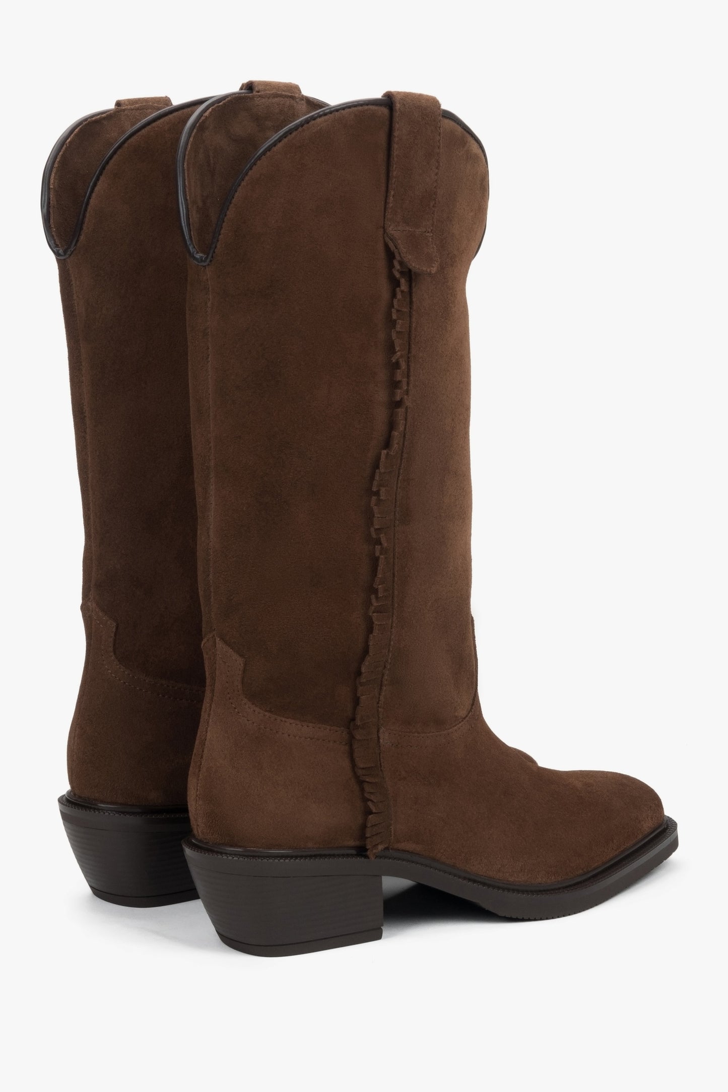 Brązowe, wysokie kowbojki damskie Estro, z włoskiego weluru naturalnego Premium.