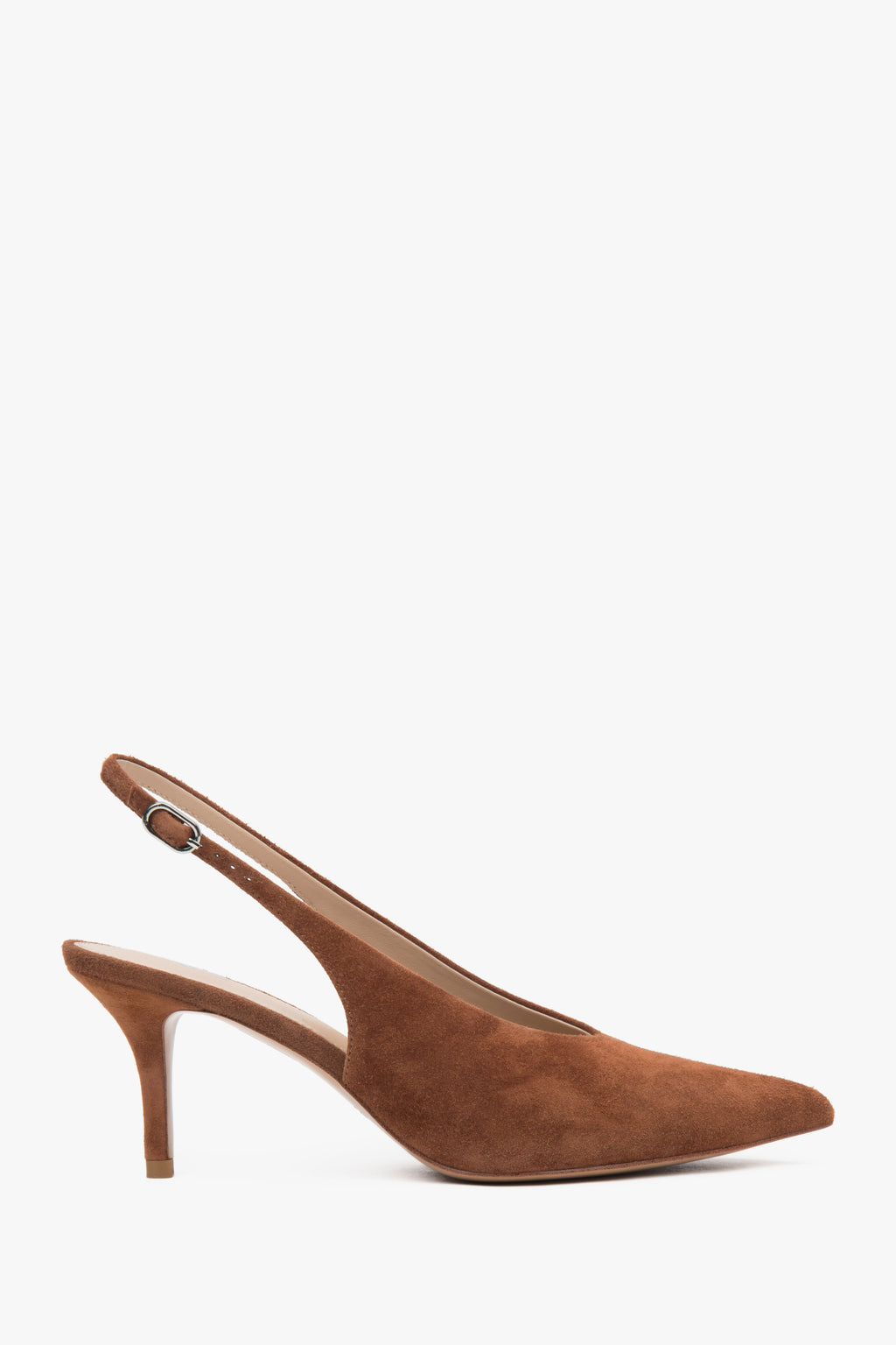 Brązowe welurowe czółenka damskie typu slingback na obcasie Estro ER00117231.