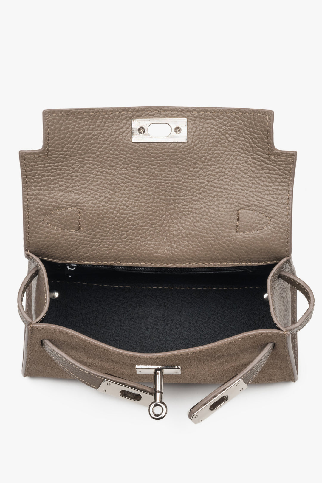 Torebka damska kuferek, ciemnobeżowa, z włoskiego weluru Premium, ze srebrnymi okuciami, Estro.