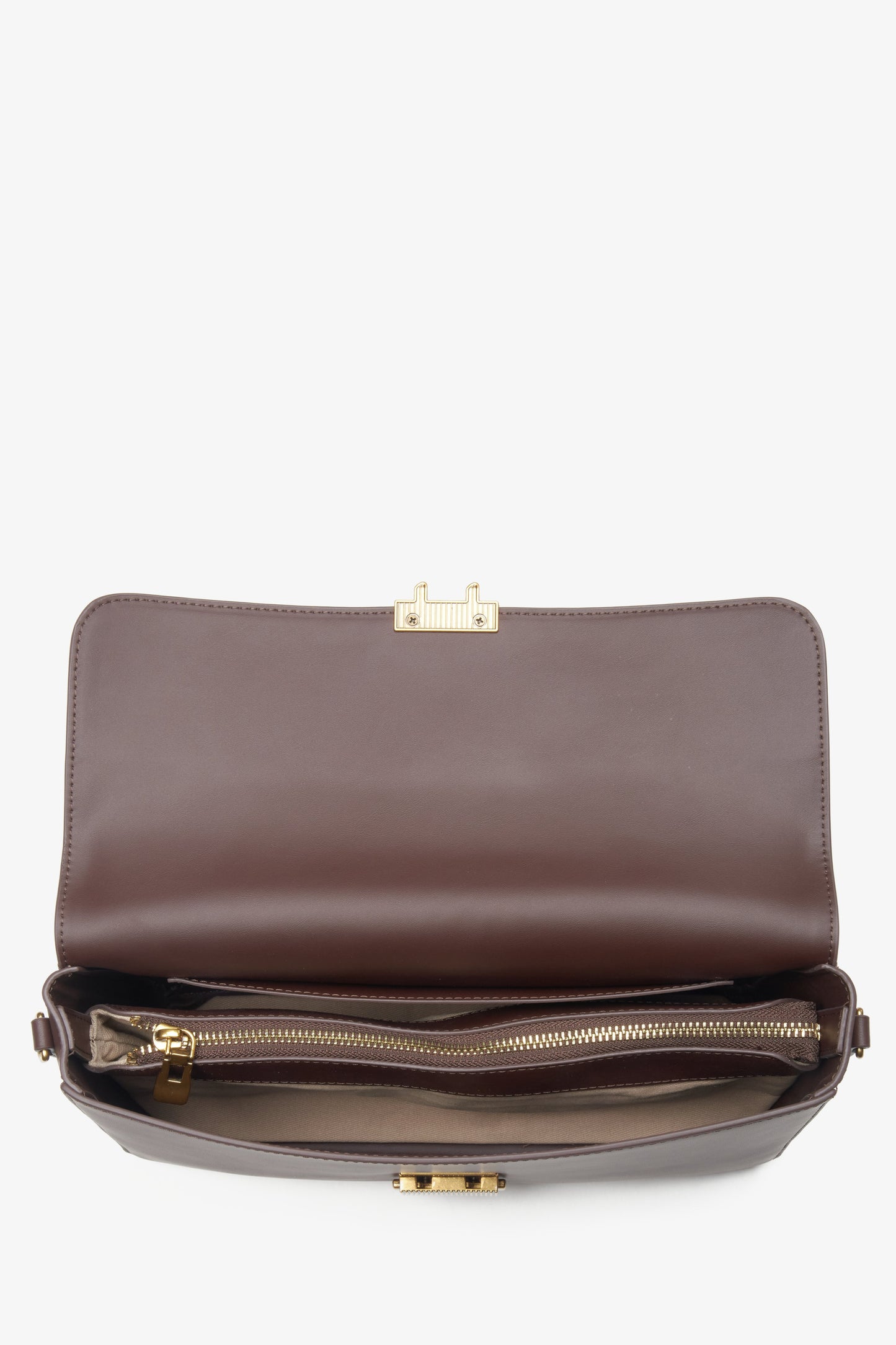 Damska ciemnobrązowa listonoszka ze skóry naturalnej ze złotymi okuciami Estro.