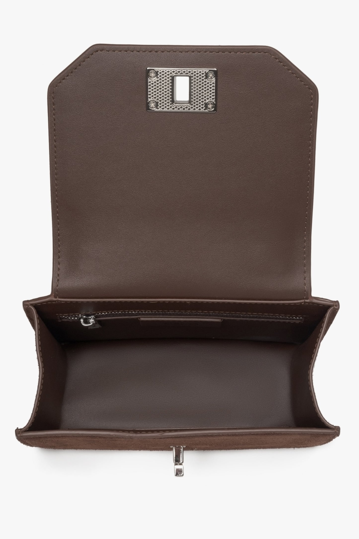 Mini torebka damska typu kuferek, ciemnobrązowa, z weluru naturalnego, Estro.