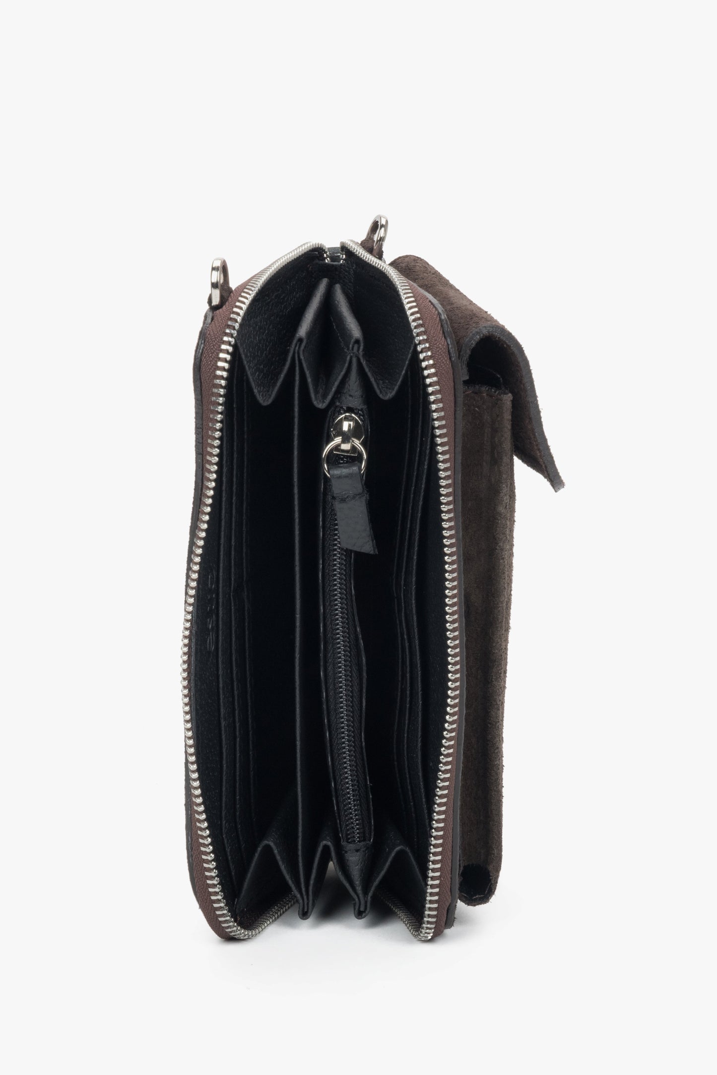 Ciemnobrązowa portmonetka damska z włoskiego weluru naturalnego Premium.