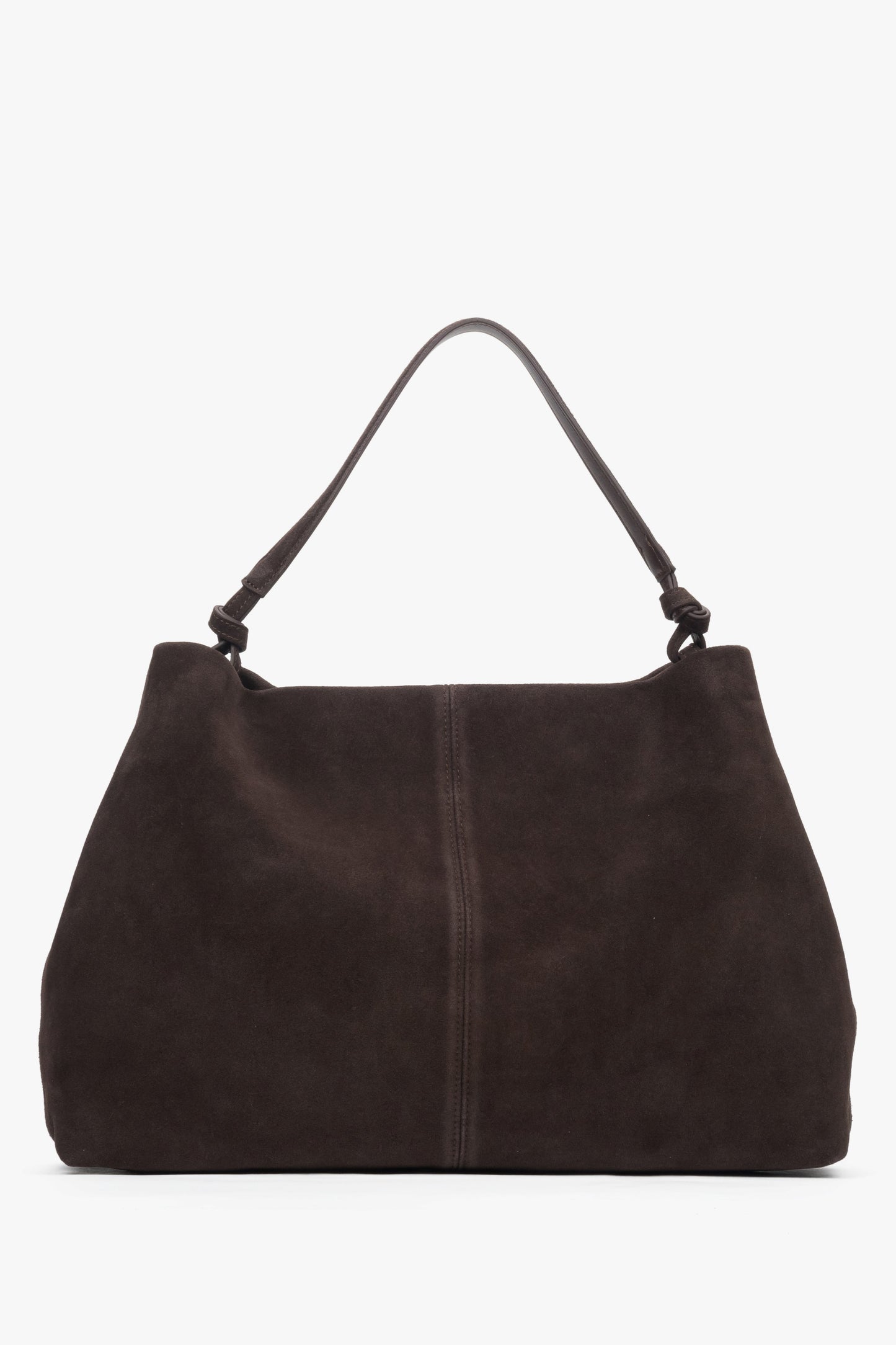 Ciemnobrązowa shopperka z naturalnego weluru o pojemnej i eleganckiej formie.