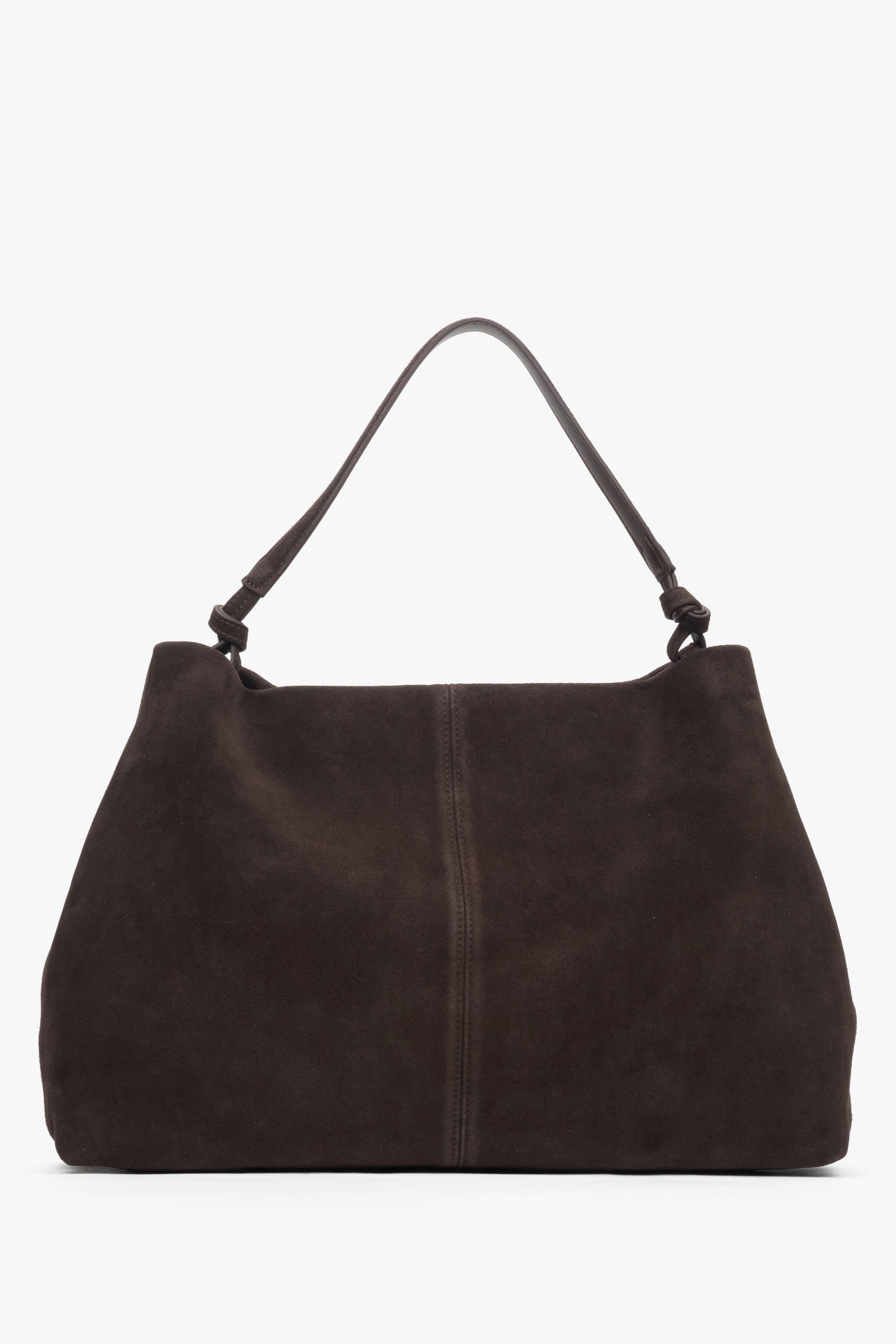 Ciemnobrązowa shopperka z naturalnego weluru o pojemnej i eleganckiej formie.
